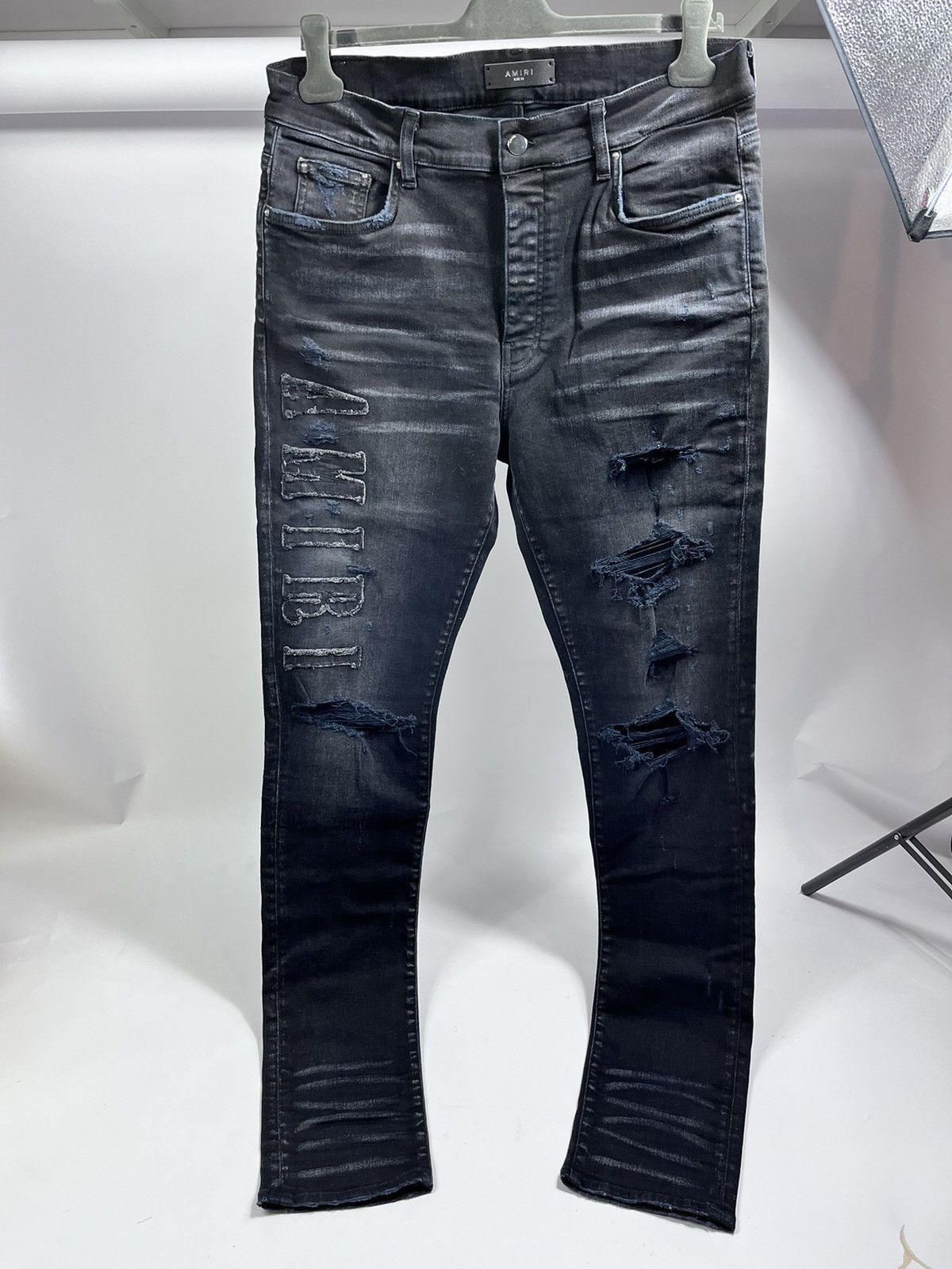 image of Amiri Logo Appliqué Aged Black Jeans, Men's (Size 36)