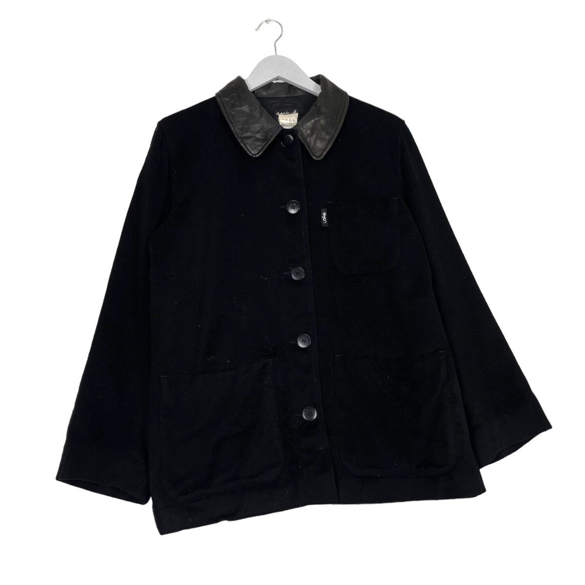 Designer × Vintage × agnes b. 💥90s AGNES B WOOL BUTTON JACKET LEATHER COLLAR Size US M / EU 48-50 / 2 - 3 Thumbnail