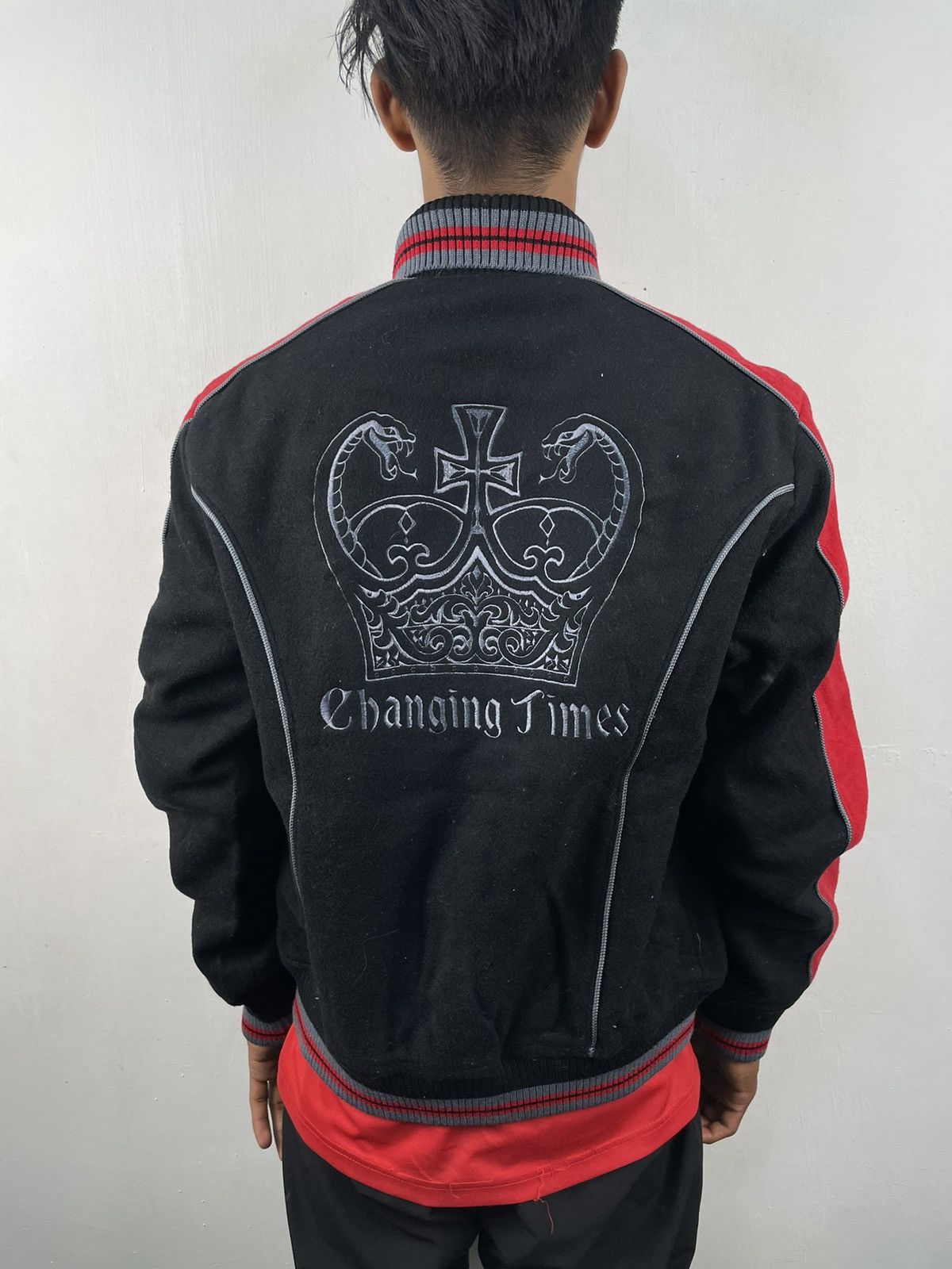 image of Japanese Varsity Jacket Cross Pattern Changing Times in Black, Men's (Size Medium)