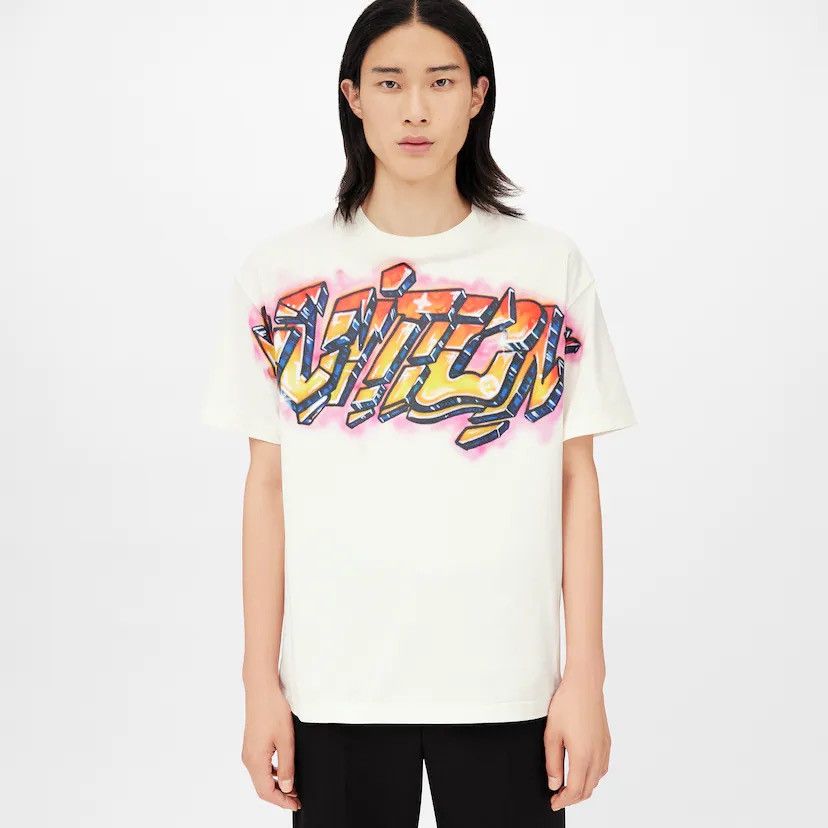 LOUIS VUITTON VIRGIL ABLOH 100% silk navy white typography logo shirt L