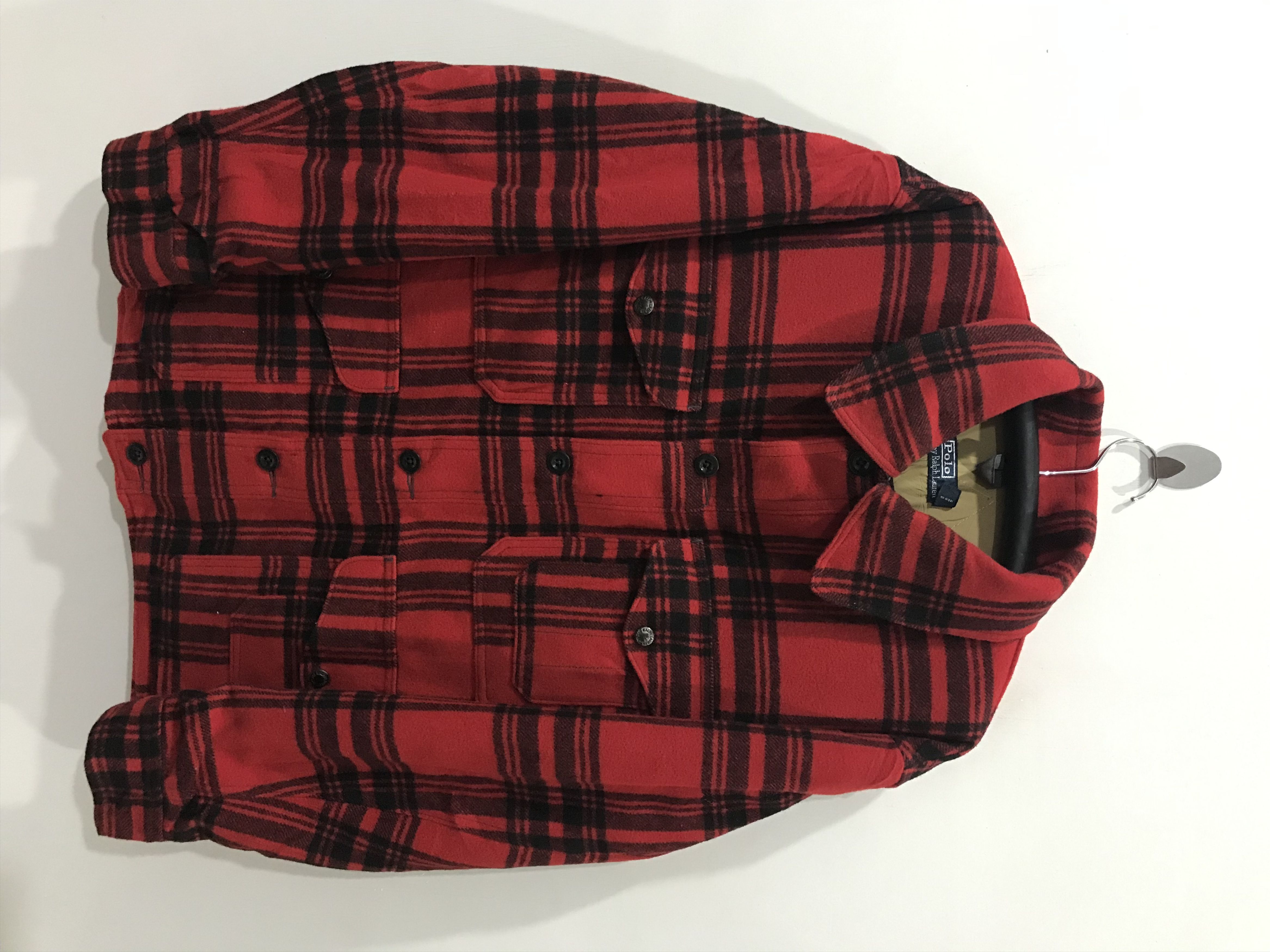 image of 2-C1 VTG Polo Ralph Laurent Mackinaw Military Wool Jacket in Plaid Red, Men's (Size 2XL)