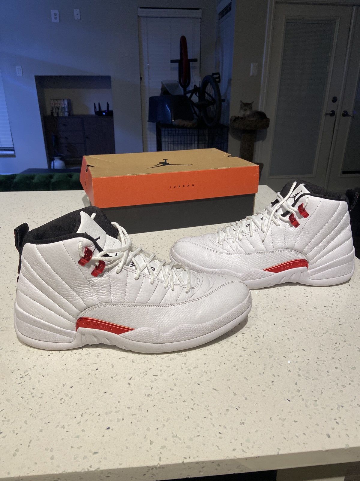 image of Jordan Brand Retro 12 Twist Shoes in White/Black/University Red, Men's (Size 11)