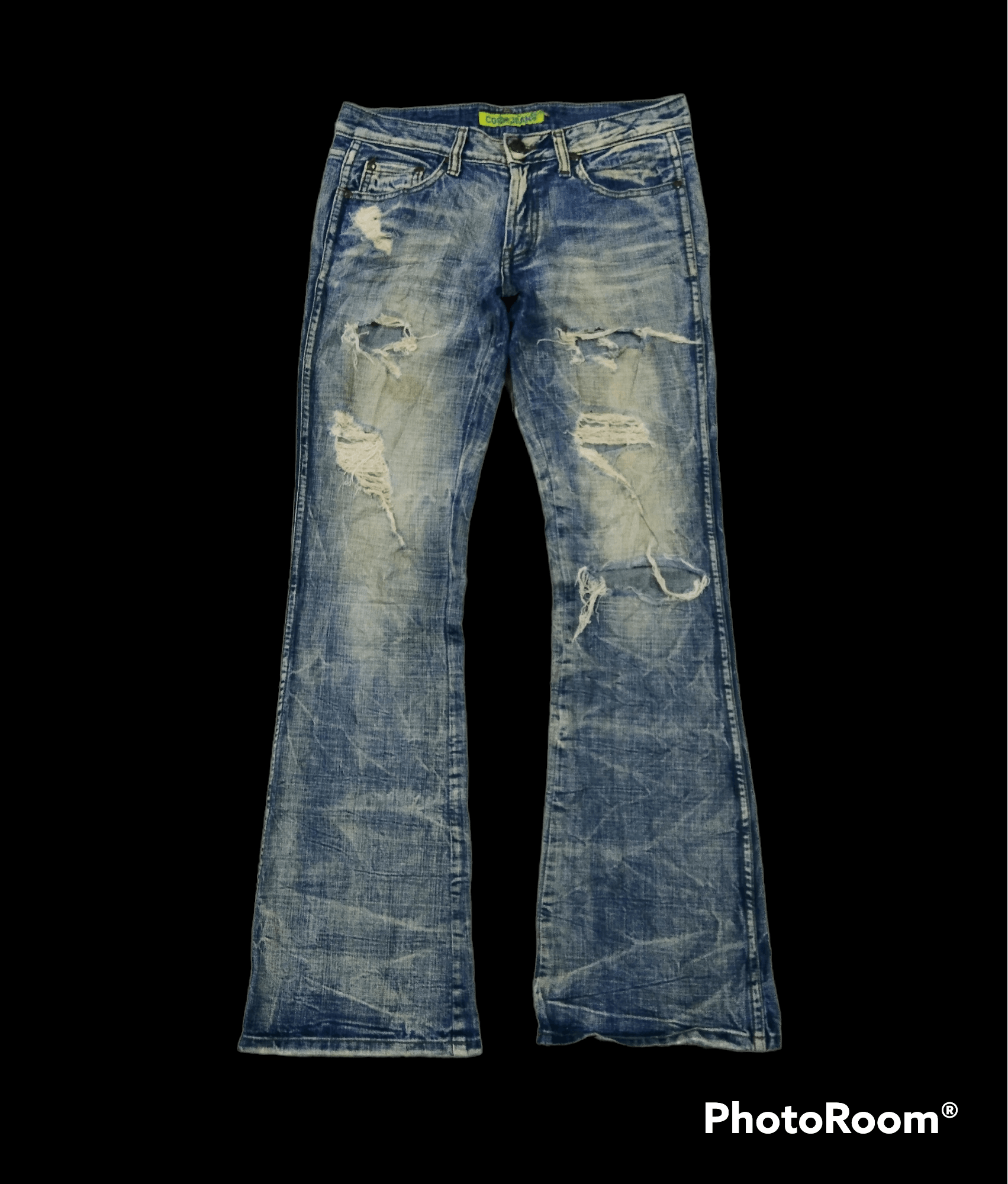 image of Avant Garde x Distressed Denim Flare Low Risetrash Riped Flare Cook Jeans Pants in Blue Distressed 