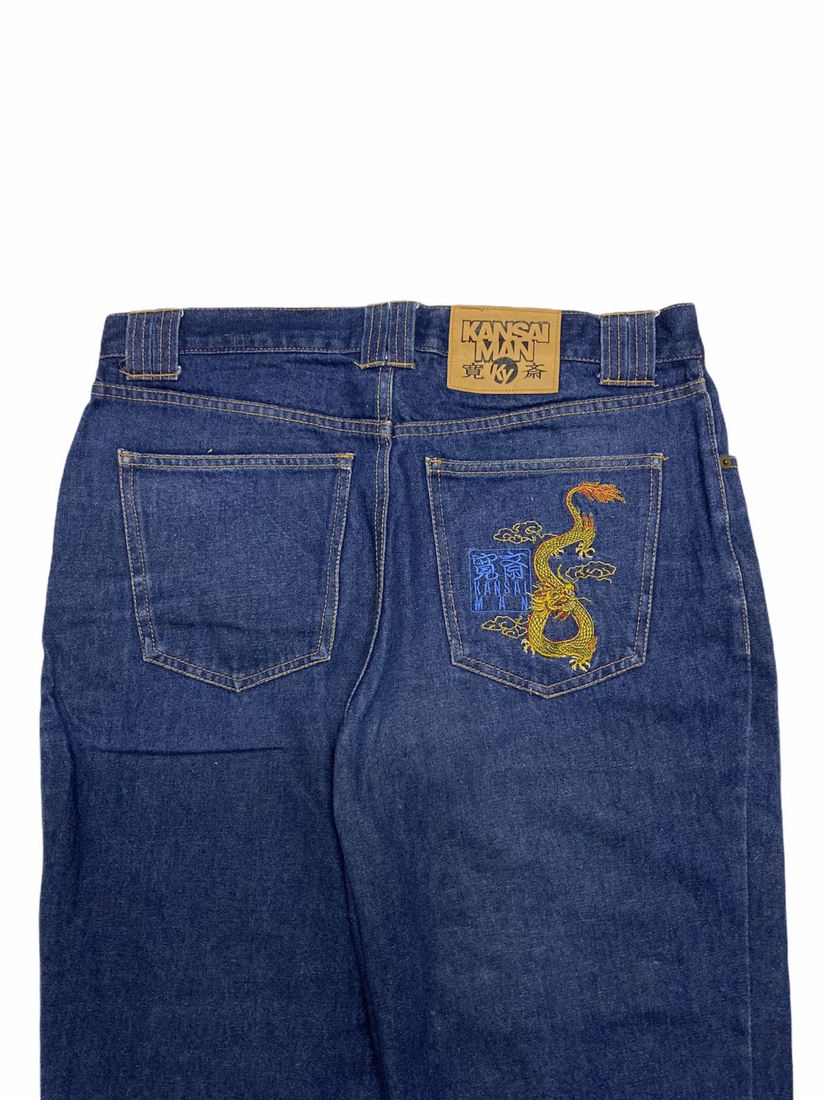 image of Kansai Yamamoto x Kansai Yamamoto Kbs 80's Kansai Man Embroidered Gold Dragon Wide Leg Baggy in Blu