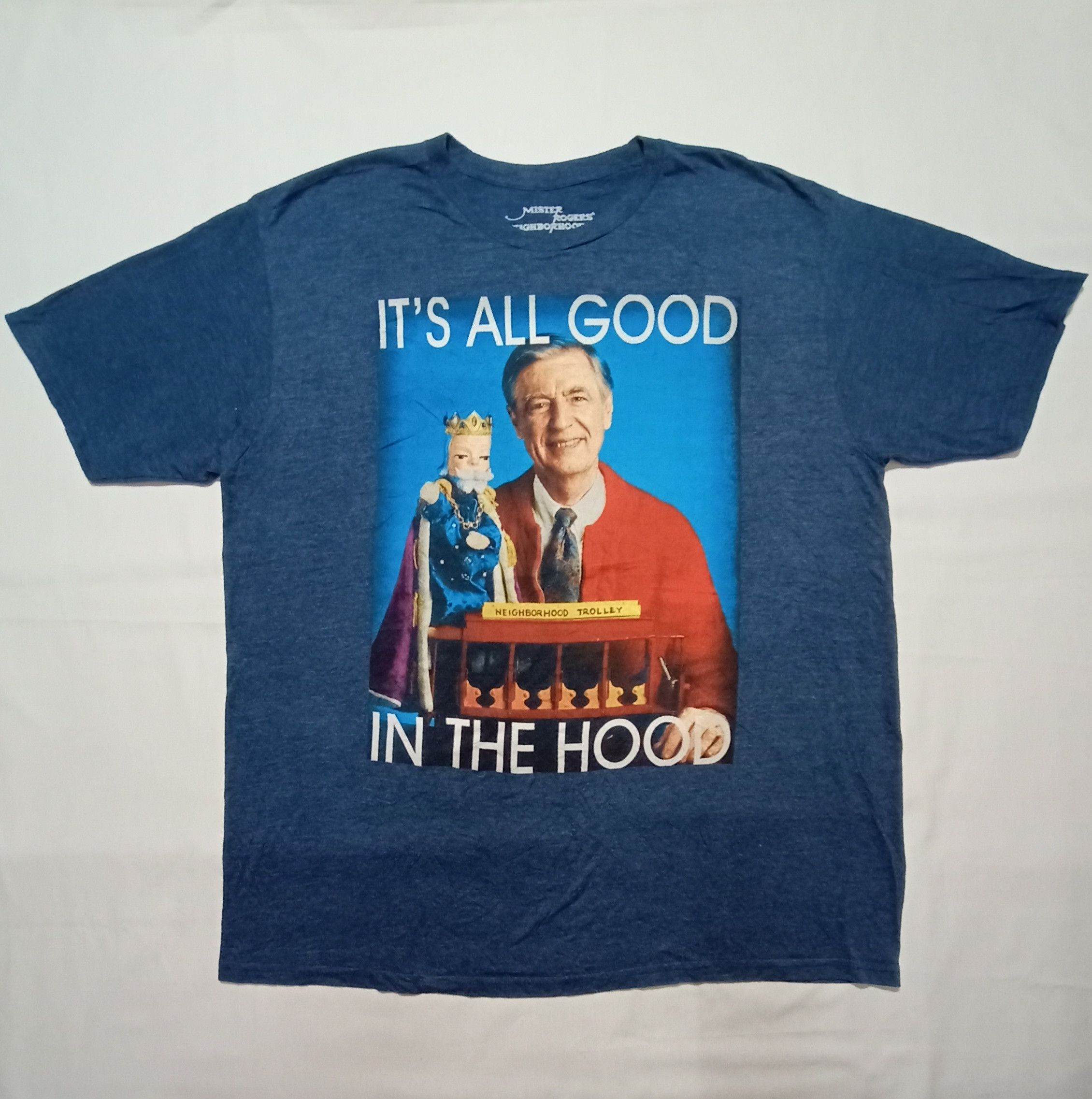 image of Movie Mister Rogers Neighborhood Navy Blue Tee Big Print Cover, Men's (Size XL)
