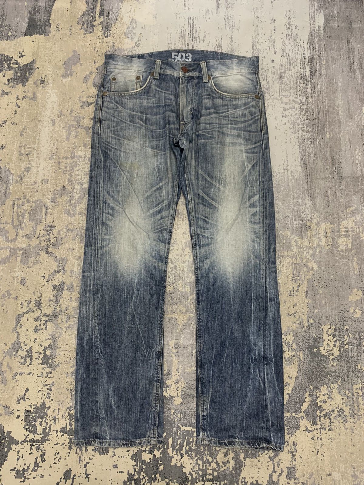 Japanese Brand Edwin 503 Blue Trip Distressed Denim 35x32