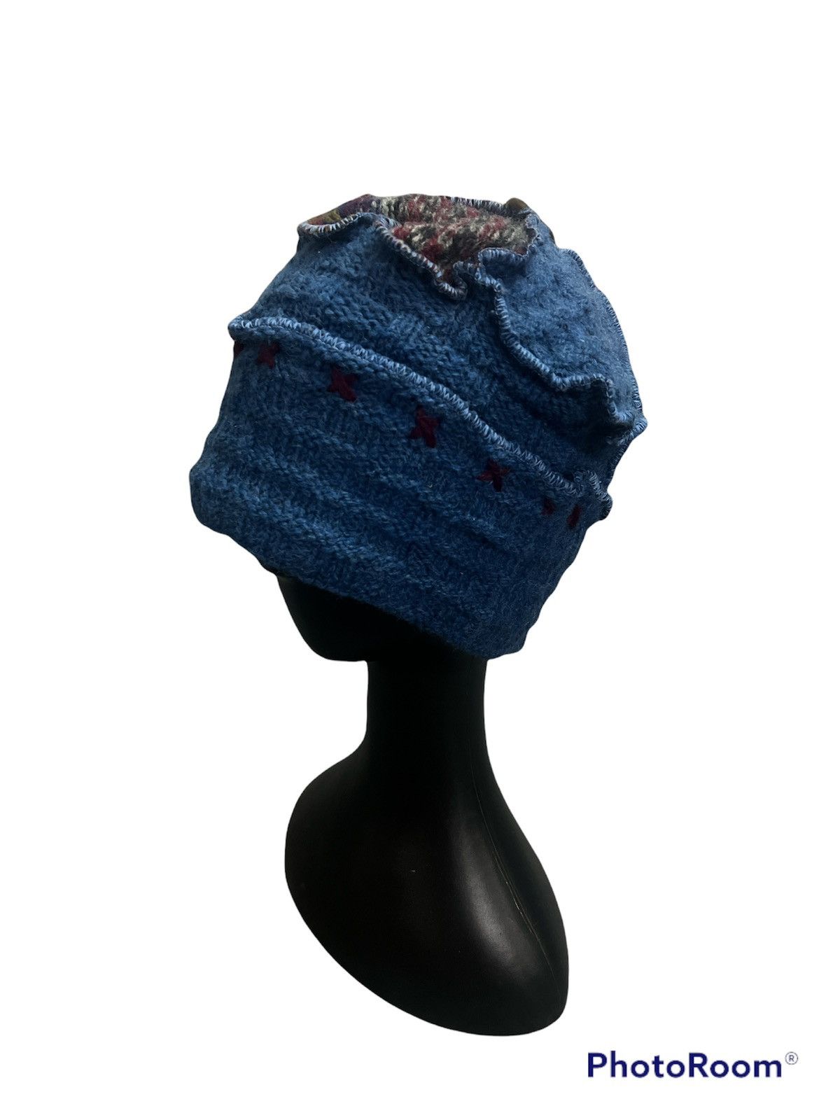 image of Vintage Sickpatchwork Beanie Hat Inspired Kapital in Blue, Men's
