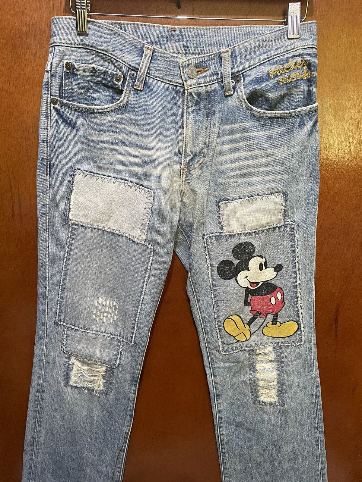 Rare Mickey Mouse Distressed Jeans Patchworks Flaire Cut