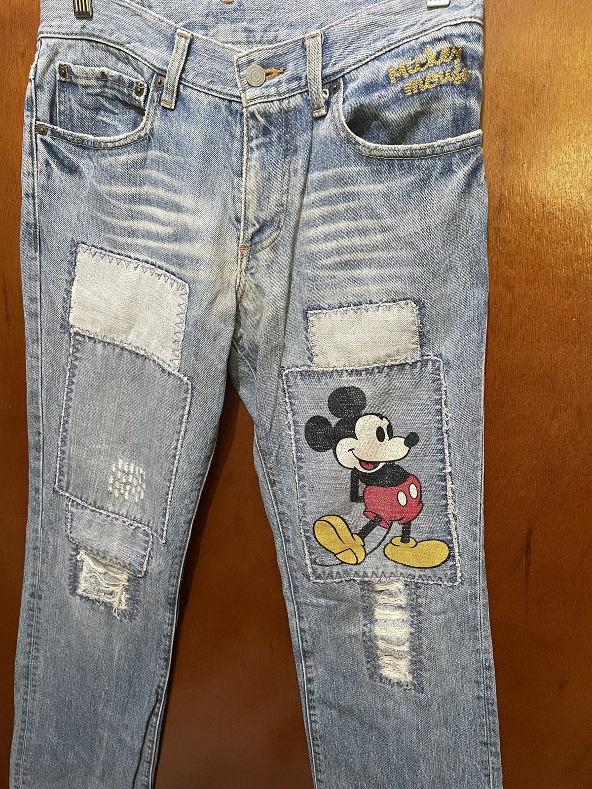 Rare Mickey Mouse Distressed Jeans Patchworks Flaire Cut