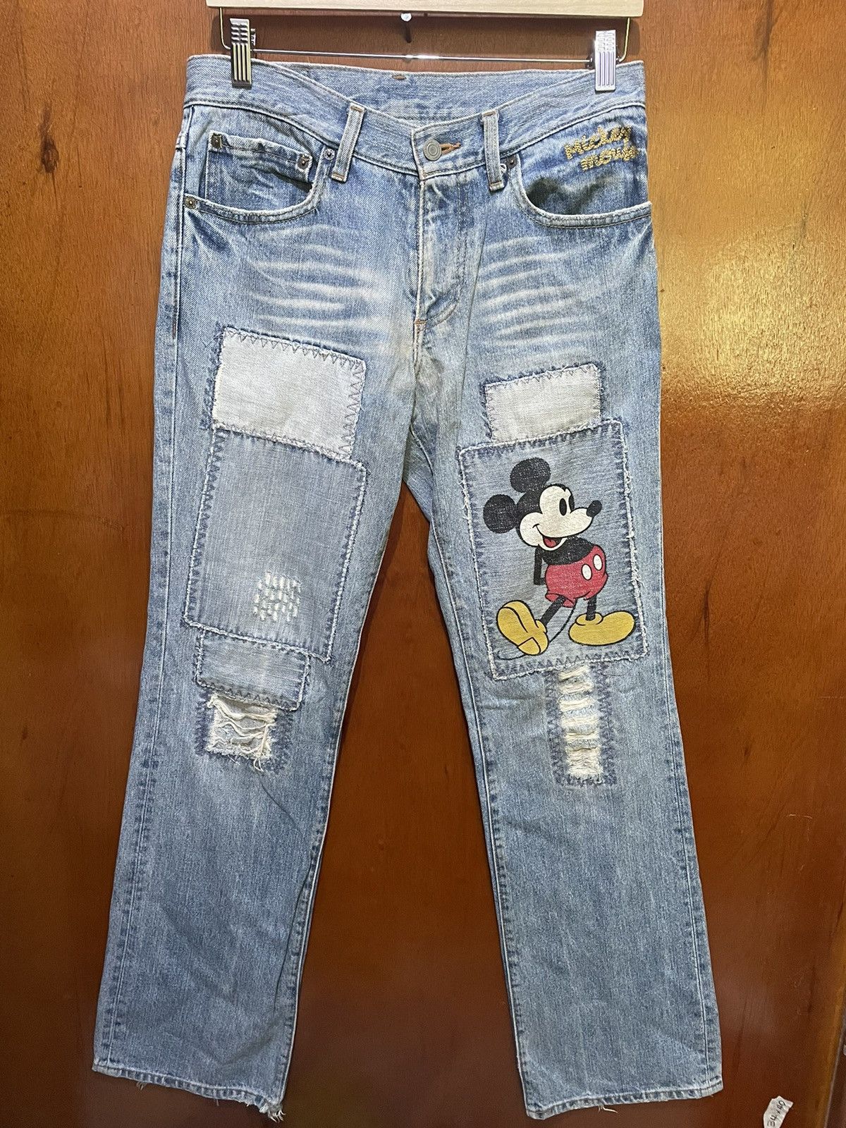 Rare Mickey Mouse Distressed Jeans Patchworks Flaire Cut