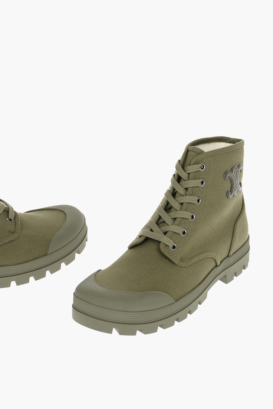 Pre-owned Celine Patapans Canvas Ankle Logo Boots In Miltary Green