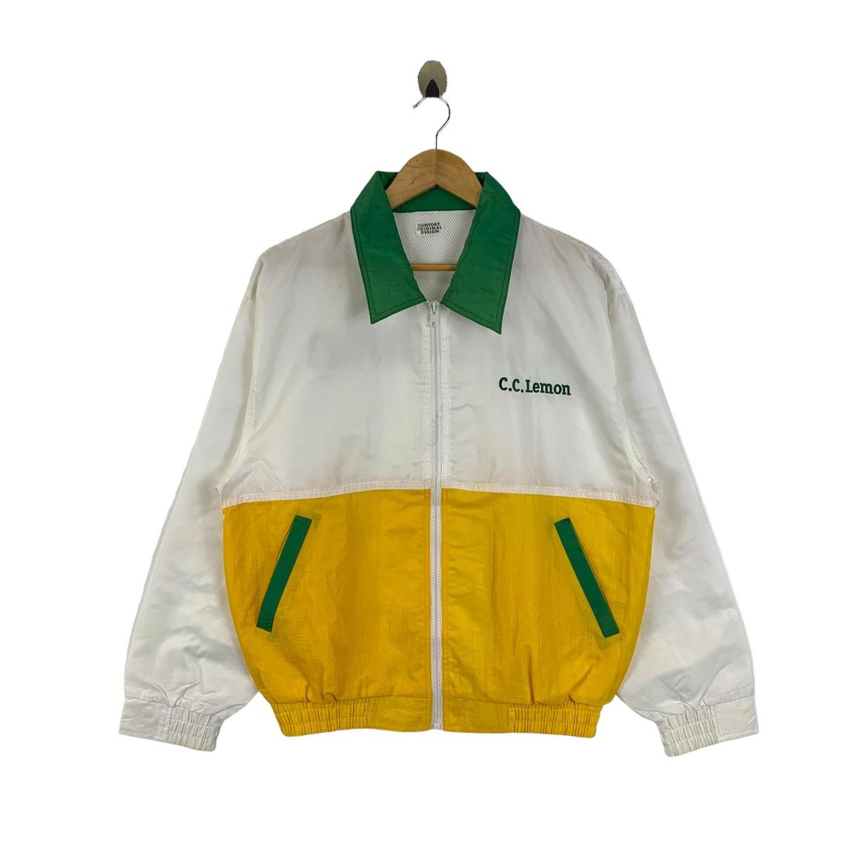 image of Vintage C.c Lemon By Suntory Original Zipper Windbreak Light Jacket in White/Yellow/Green (Size Med
