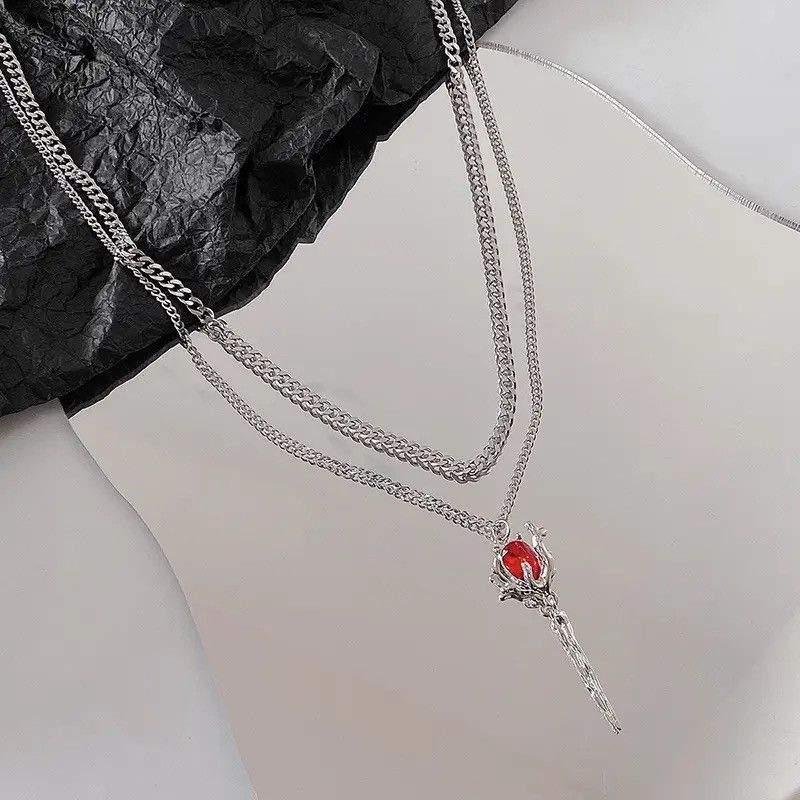 Jewelry Double Layer Red Zircon Rose Pendant Necklace Size ONE SIZE - 1 Thumbnail
