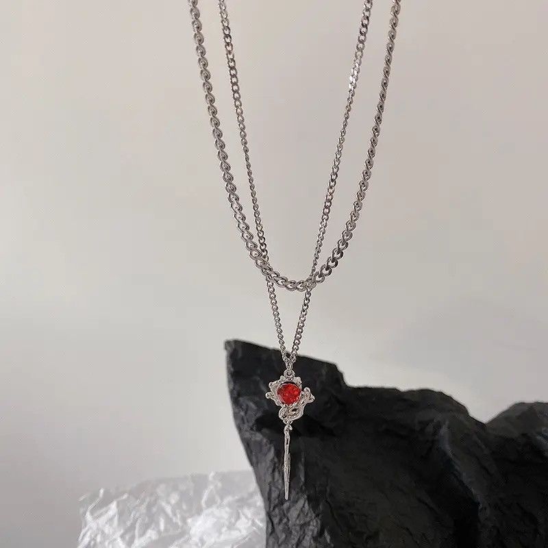 Jewelry Double Layer Red Zircon Rose Pendant Necklace Size ONE SIZE - 2 Thumbnail