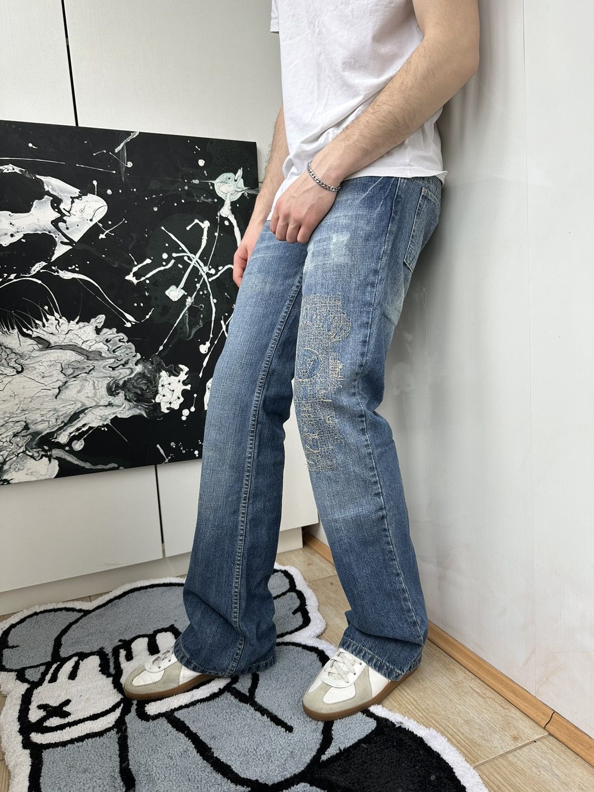 Image of Archival Clothing x Armani Vintage 90's Emporio Armani Big Logo Flare Denim Jeans in Blue (Size 30)