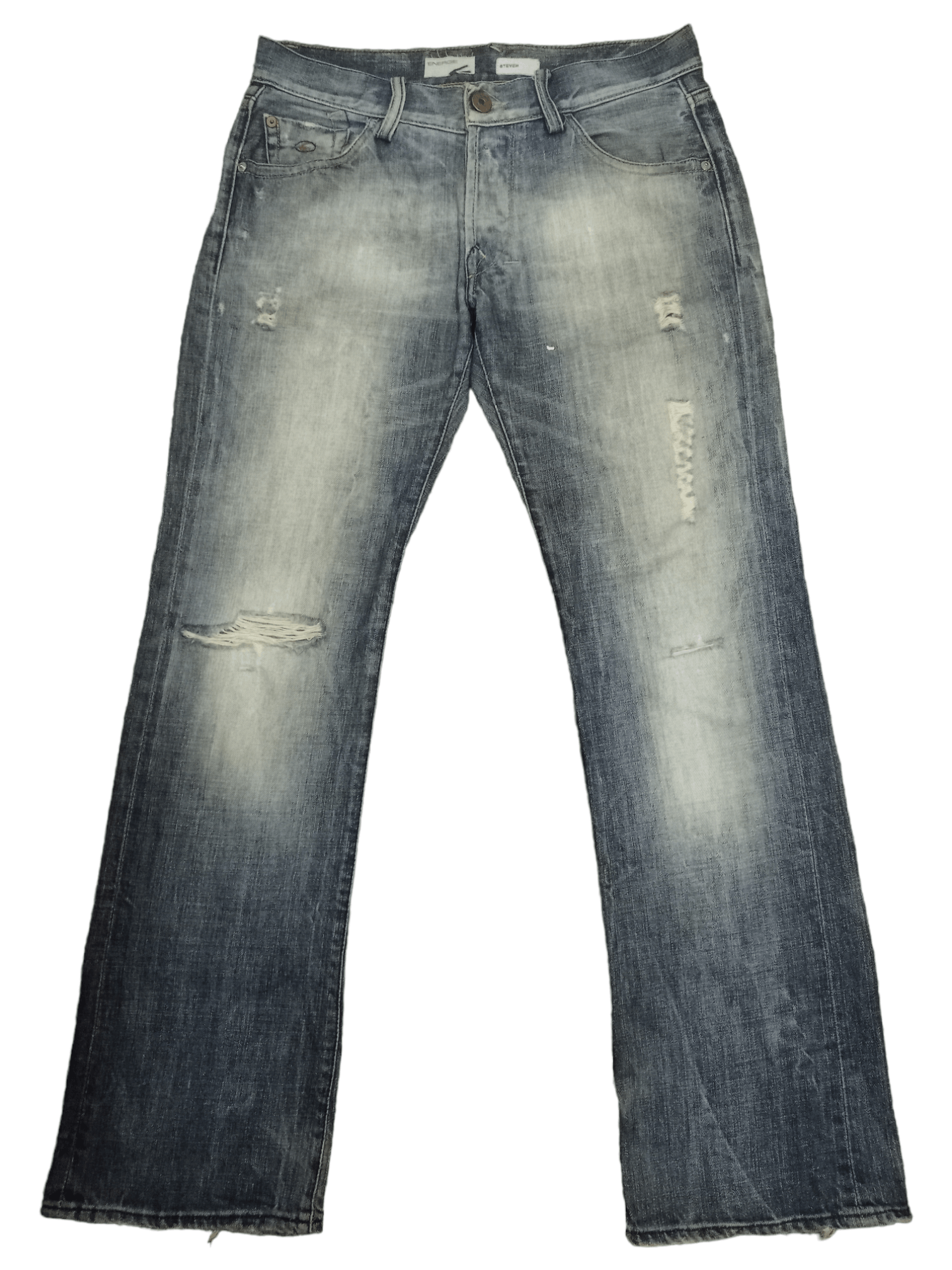 image of Vintage Energie Button Fly Distressed Flare Jeans 30X32 in Blue, Men's