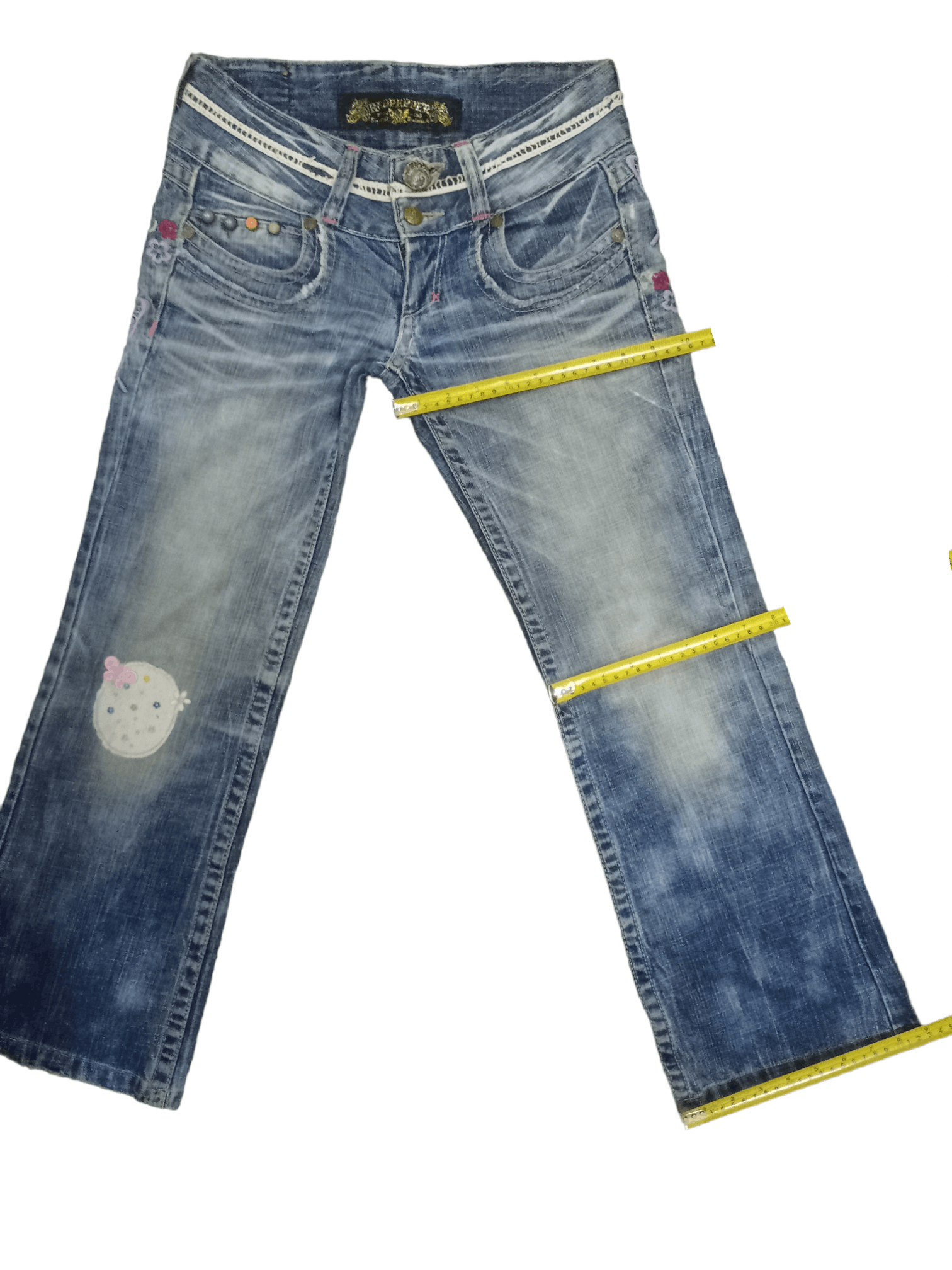 Japanese Brand Vintage Red Pepper Embellished Patchwork Flare Jeans 28x27 Size 28" / US 6 / IT 42 - 13 Thumbnail