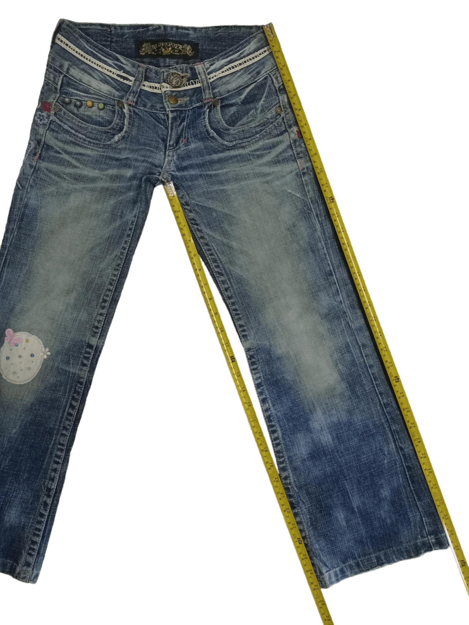 Japanese Brand Vintage Red Pepper Embellished Patchwork Flare Jeans 28x27 Size 28" / US 6 / IT 42 - 12 Thumbnail