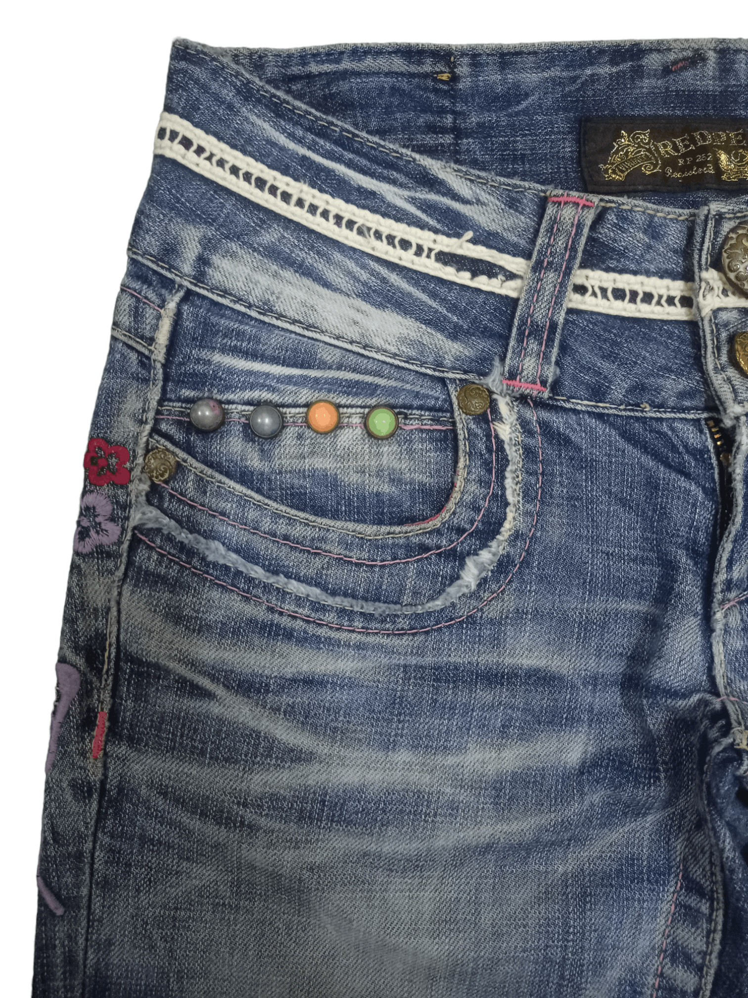Japanese Brand Vintage Red Pepper Embellished Patchwork Flare Jeans 28x27 Size 28" / US 6 / IT 42 - 6 Thumbnail