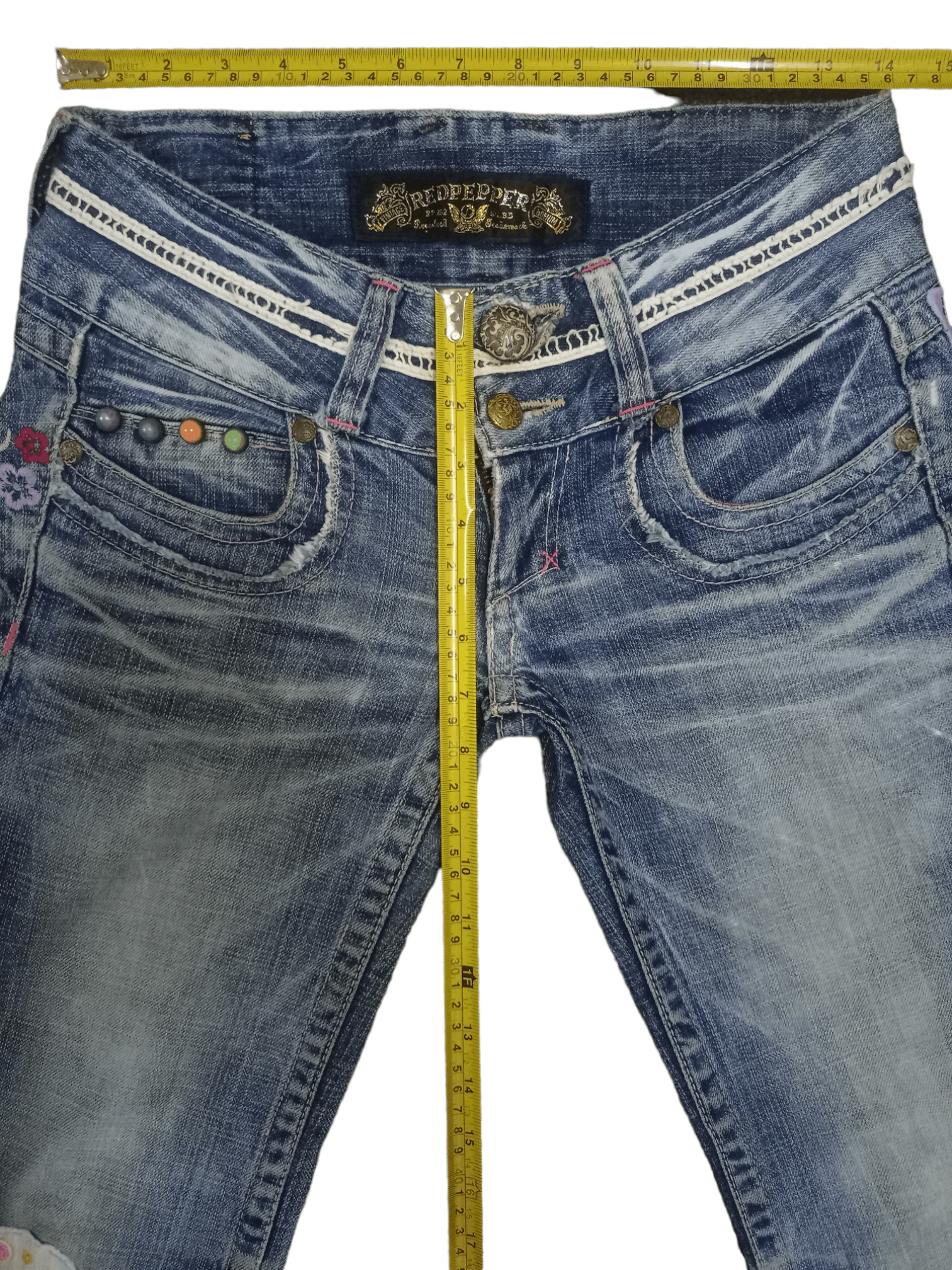 Japanese Brand Vintage Red Pepper Embellished Patchwork Flare Jeans 28x27 Size 28" / US 6 / IT 42 - 11 Thumbnail