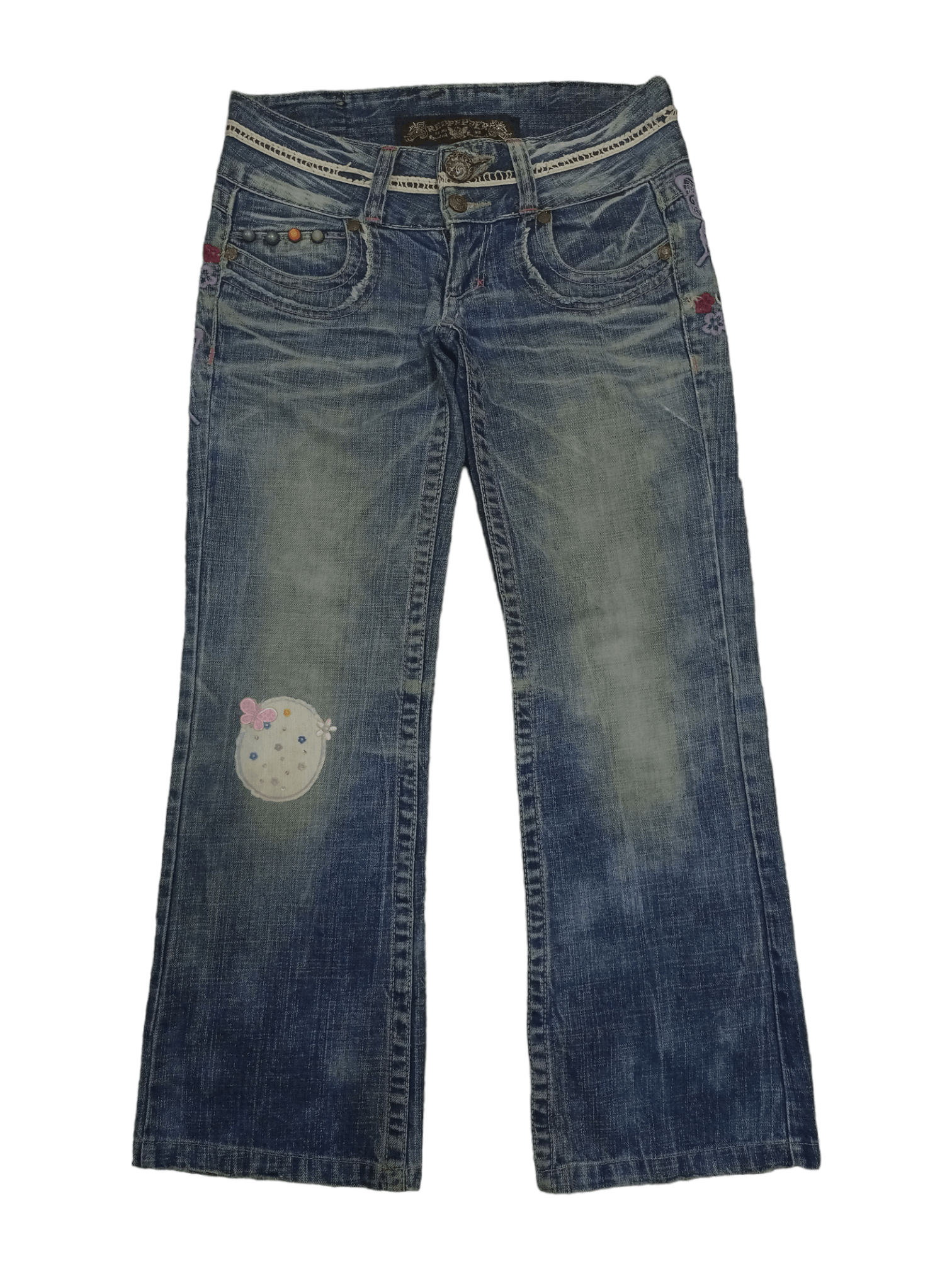 Japanese Brand Vintage Red Pepper Embellished Patchwork Flare Jeans 28x27 Size 28" / US 6 / IT 42 - 1 Thumbnail