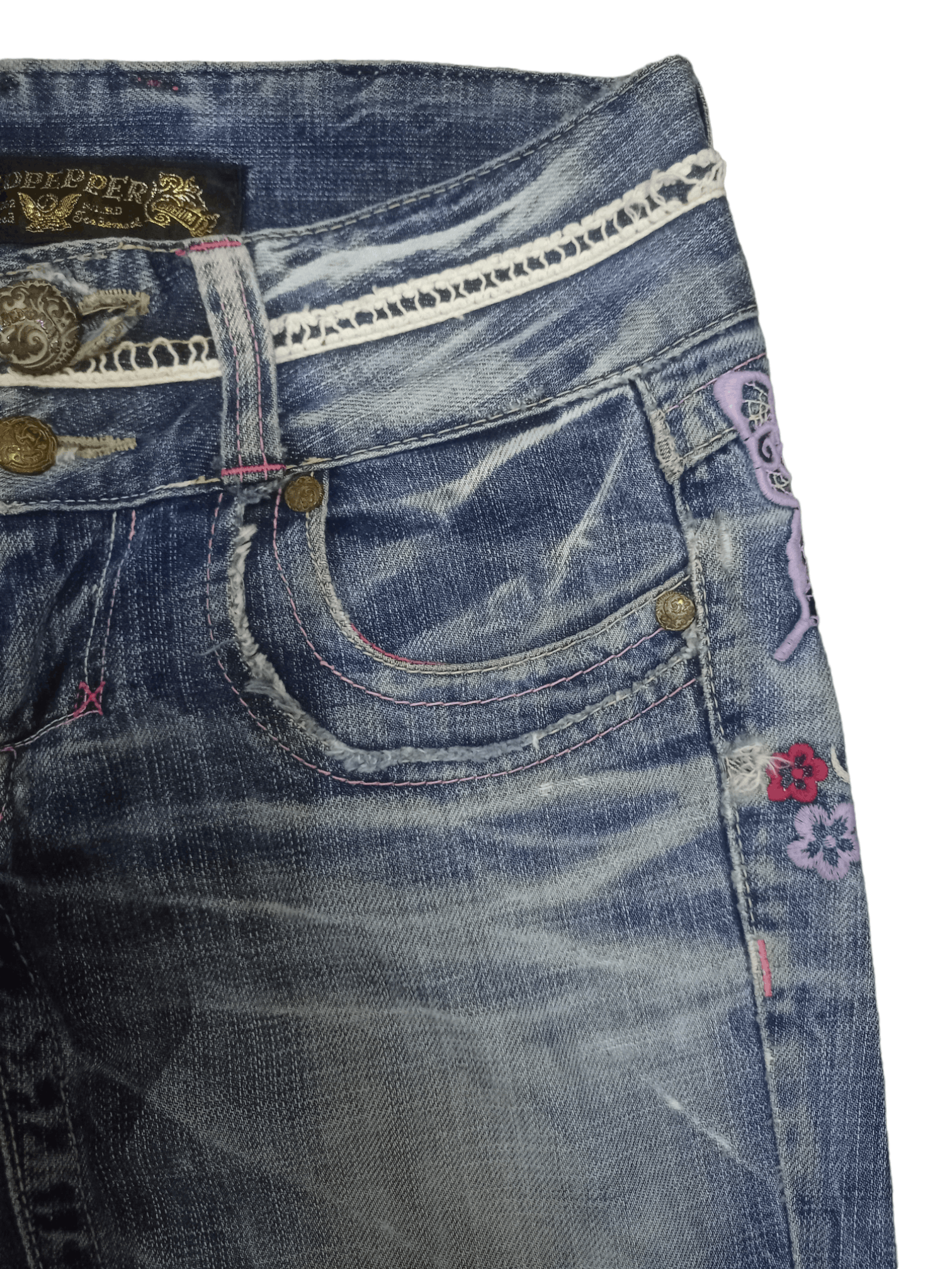 Japanese Brand Vintage Red Pepper Embellished Patchwork Flare Jeans 28x27 Size 28" / US 6 / IT 42 - 7 Thumbnail