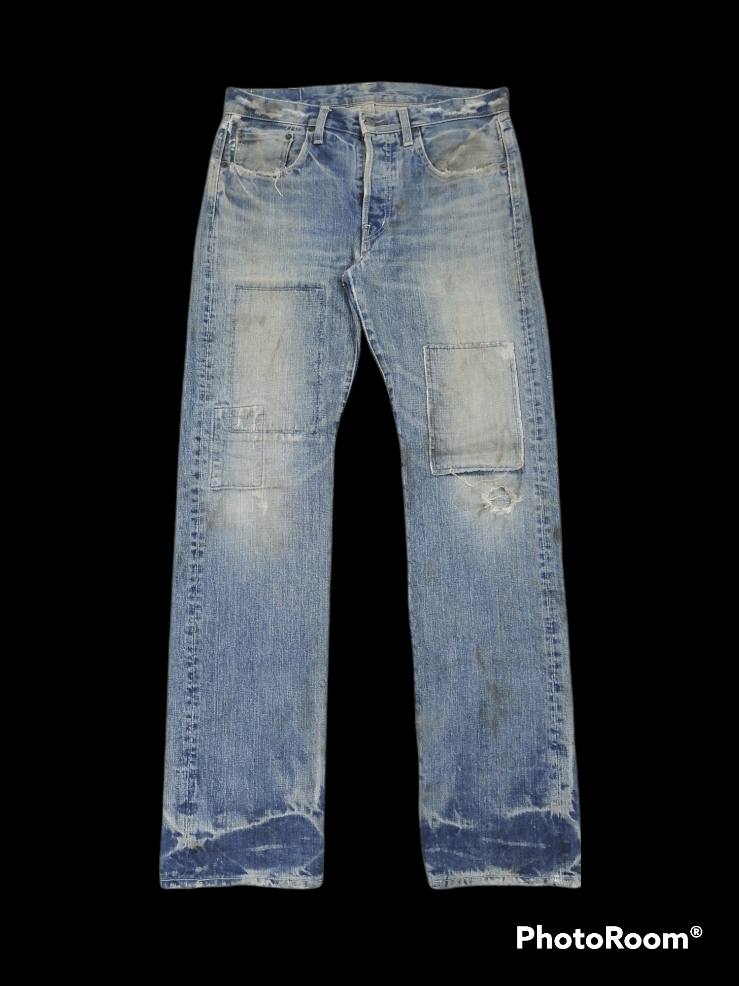 image of Trashed Patchwork Oka By Spellbound Distressed Denim Jeans in Blue Distressed, Men's (Size 32)