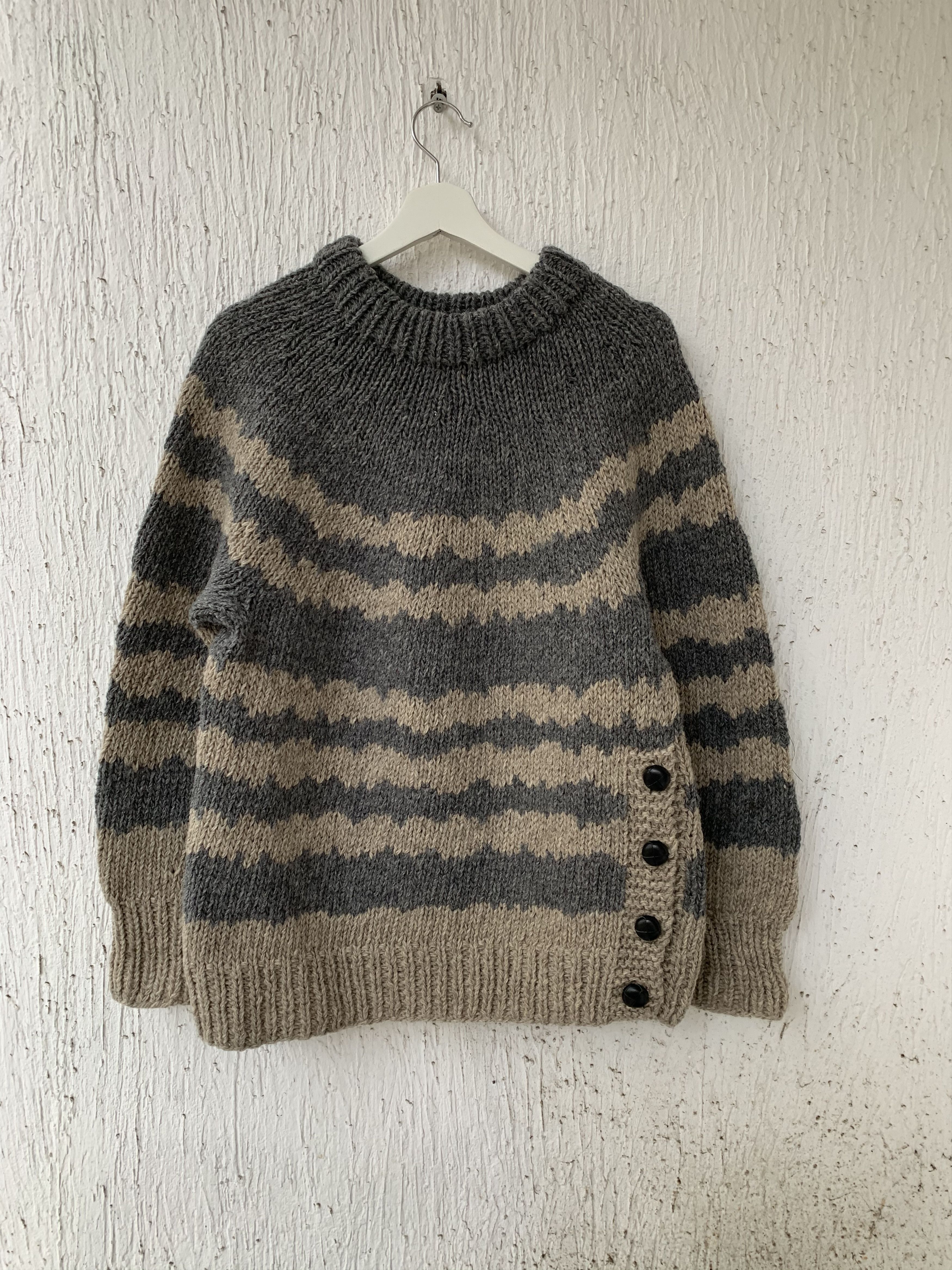 image of Wings Horns Handknit Virgin Wool Alpine Sweater in Sand/Gray, Men's (Size Medium)
