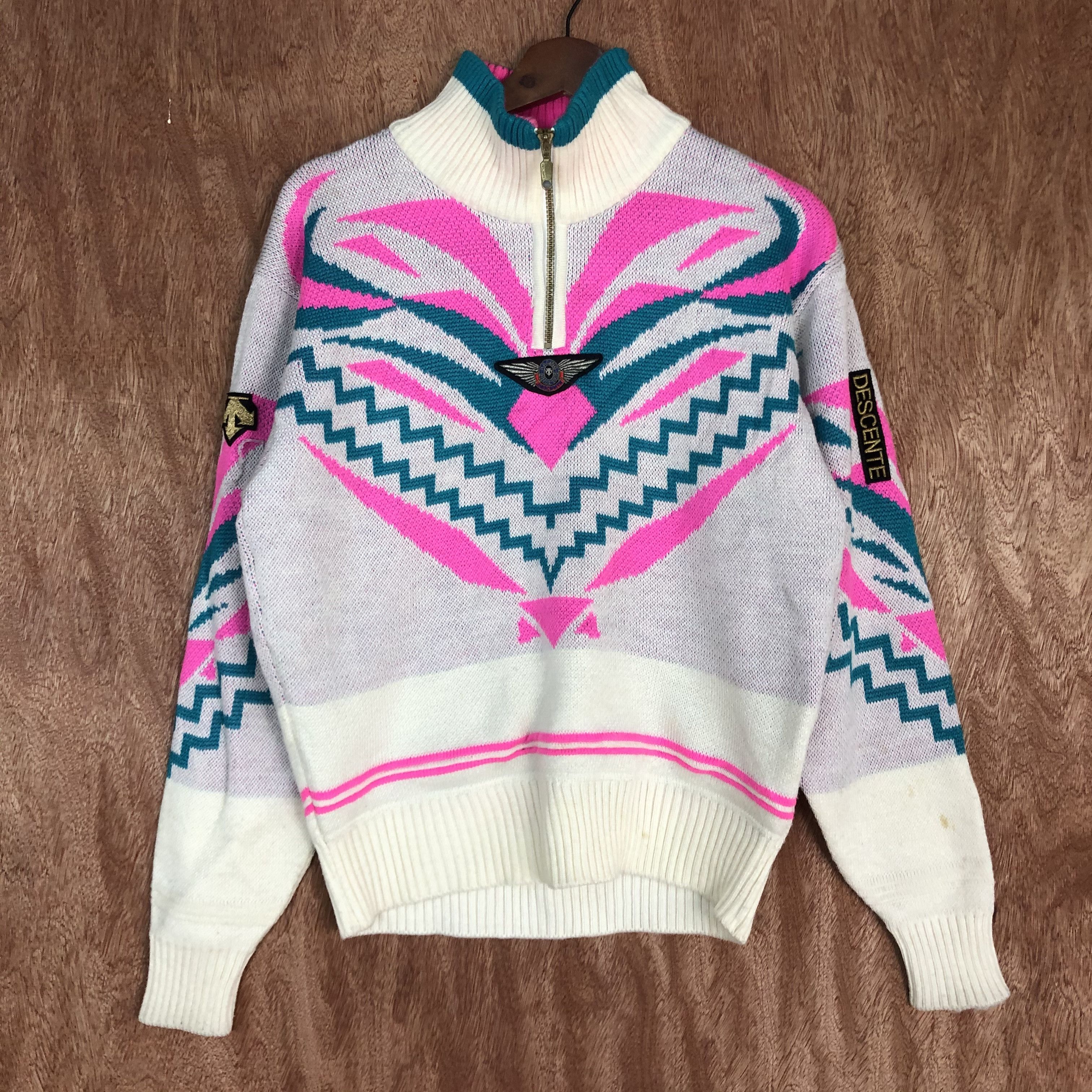 Descente DLL Descente White Pink Full Print Knitwear art japan #c443 Size US S / EU 44-46 / 1 - 4 Thumbnail