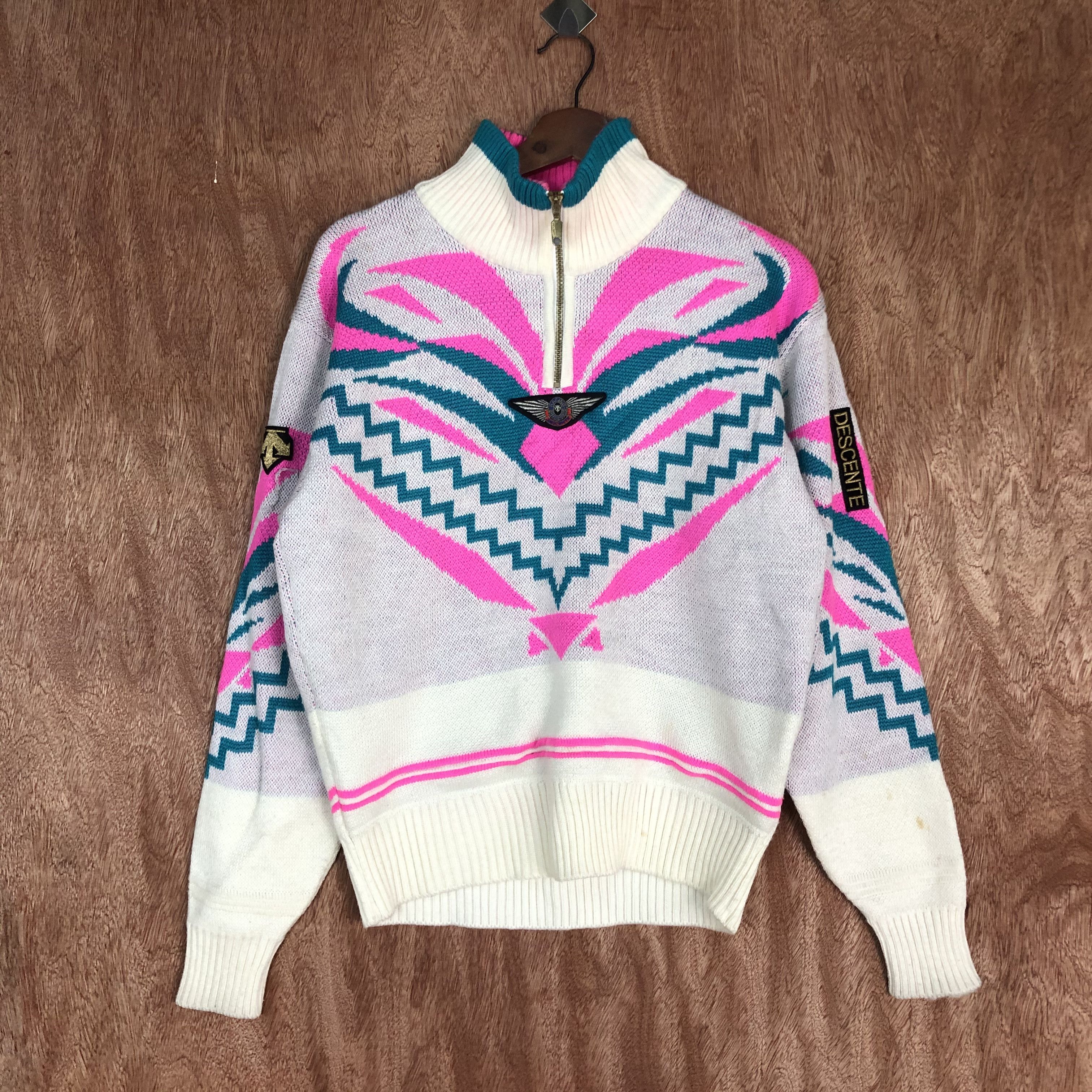 Descente DLL Descente White Pink Full Print Knitwear art japan #c443 Size US S / EU 44-46 / 1 - 1 Thumbnail