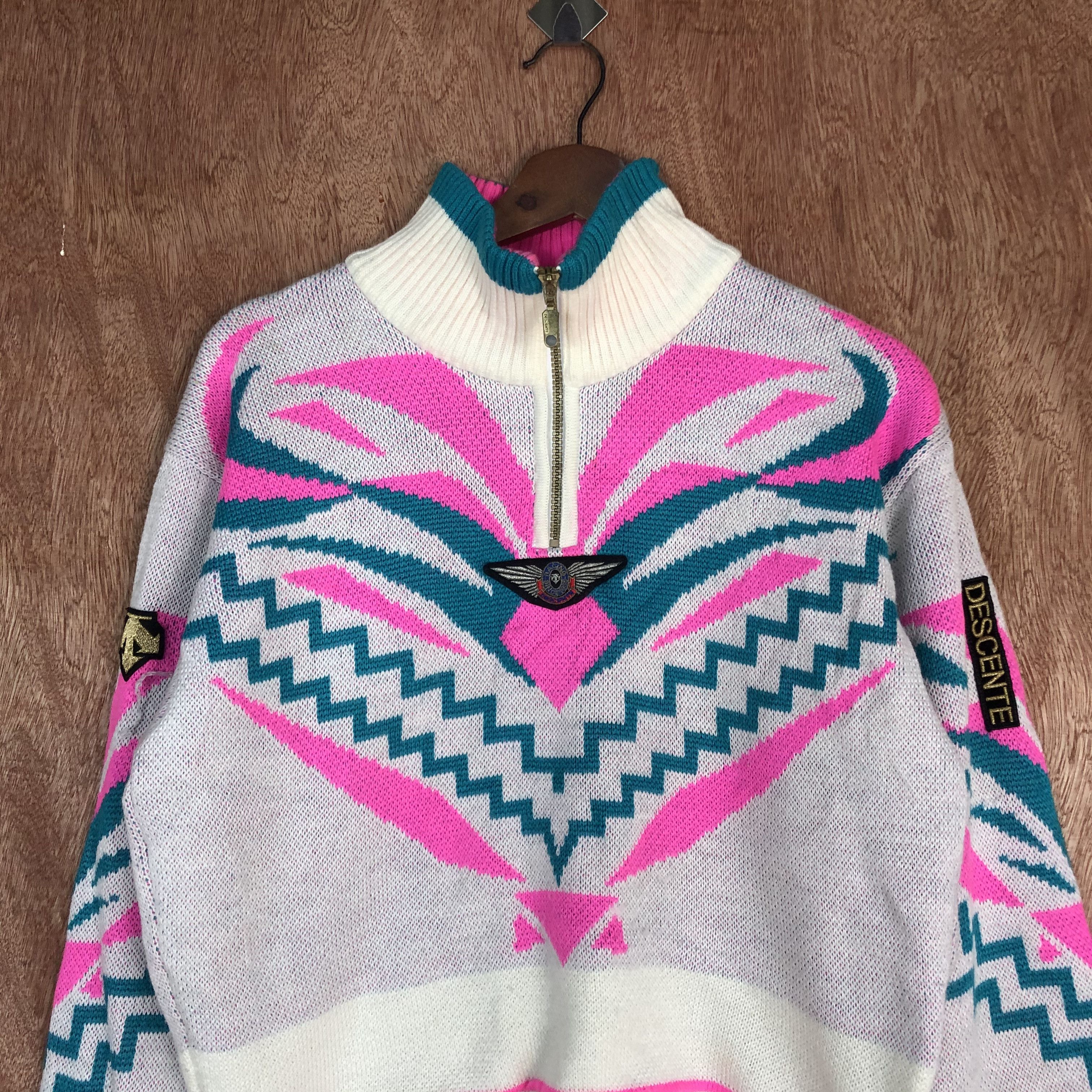 Descente DLL Descente White Pink Full Print Knitwear art japan #c443 Size US S / EU 44-46 / 1 - 2 Thumbnail