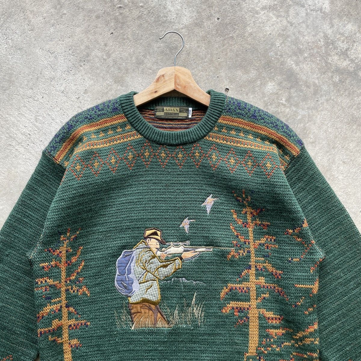 Aran Isles Knitwear × Japanese Brand Vintage ADAX Hunting Man Nature Green Knitwear Sweater RARE Size US M / EU 48-50 / 2 - 3 Thumbnail