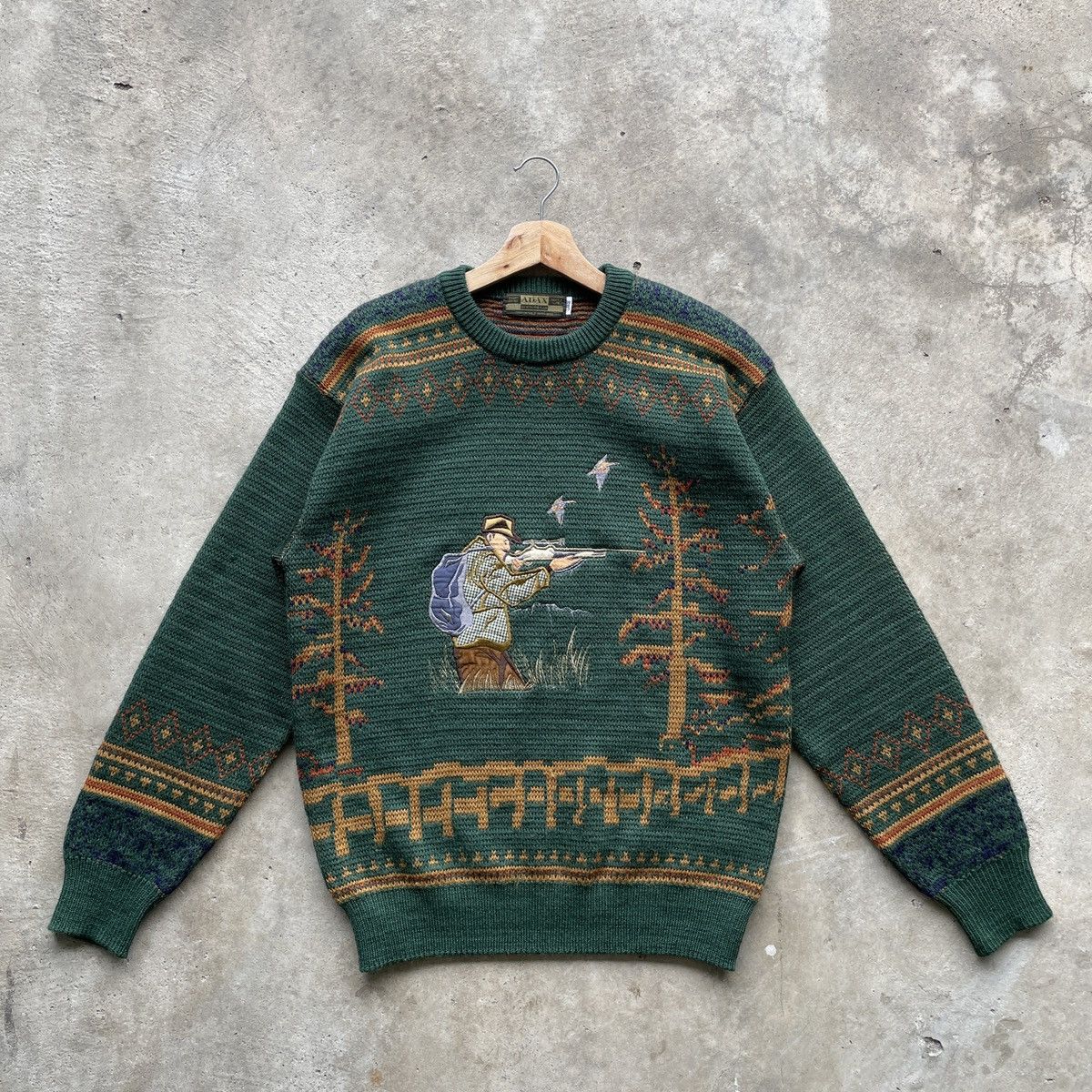 Aran Isles Knitwear × Japanese Brand Vintage ADAX Hunting Man Nature Green Knitwear Sweater RARE Size US M / EU 48-50 / 2 - 2 Thumbnail