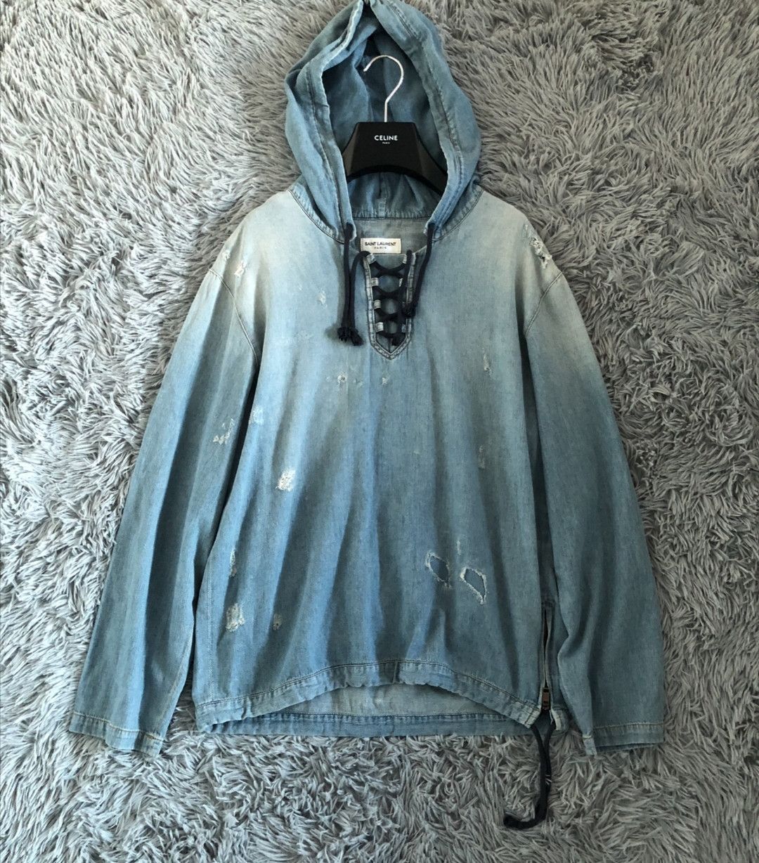 Saint Laurent Paris BNWT Destroyed Blue Denim Jean Hoodie Grailed