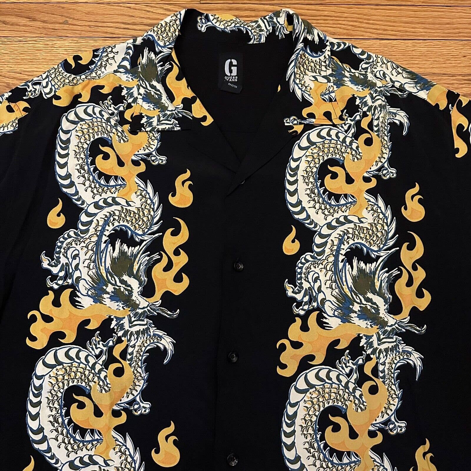 Vintage Y2K Guess Jeans Black Dragon Rayon Hawaiian Shirt