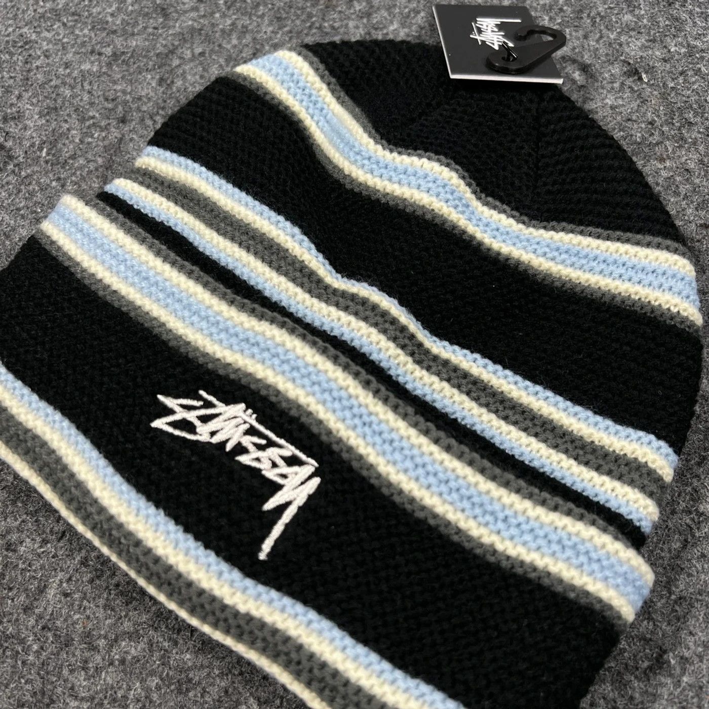 Stussy × Vintage STUSSY BEANIE HAT TRIPLE STRIPE CUFF BLACK - OS Size ONE SIZE - 3 Thumbnail