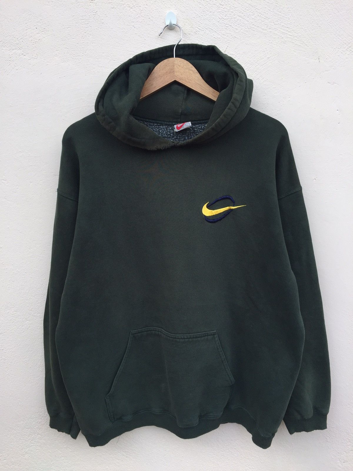 image of Distress Nike Pullover Hoodie Embroidery Logo in Green, Men's (Size XL)