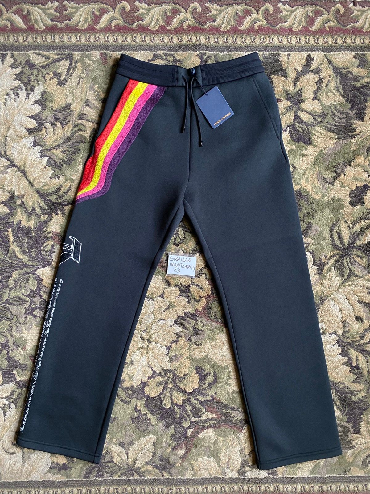 Louis Vuitton Black Neoprene Rainbow Embroidered Track Pants L