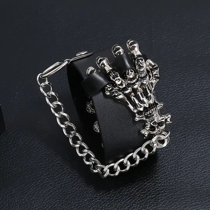 Jewelry Skull Skeleton Chains Spikes Rivet Bracelet Size ONE SIZE - 4 Thumbnail