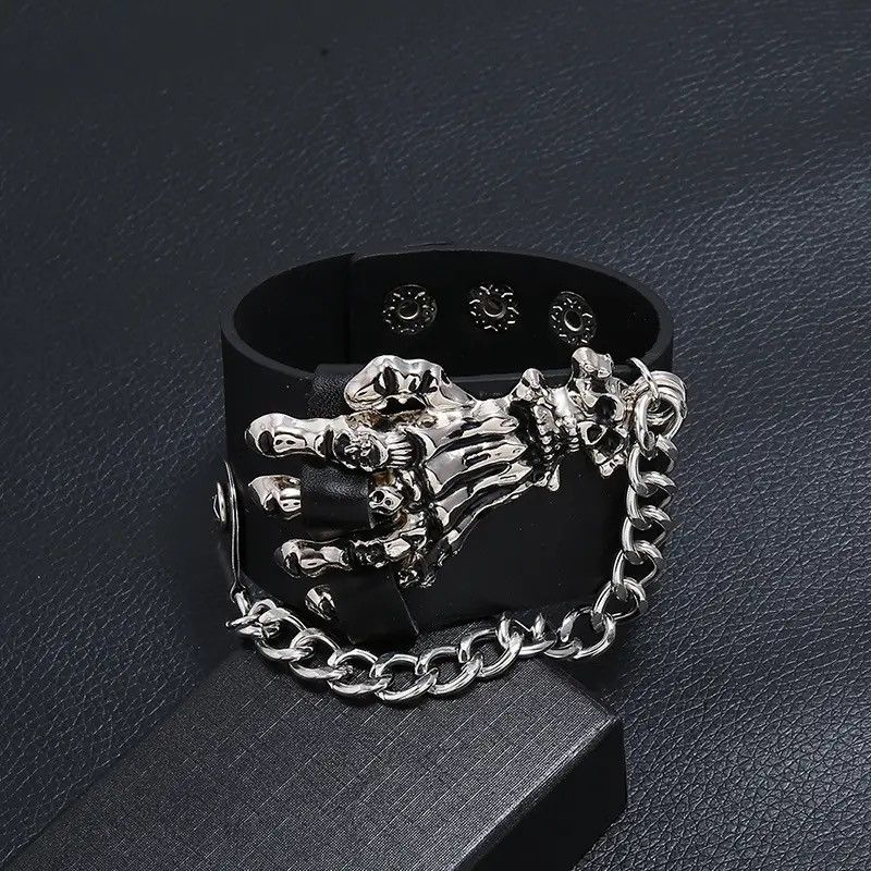 Jewelry Skull Skeleton Chains Spikes Rivet Bracelet Size ONE SIZE - 2 Thumbnail