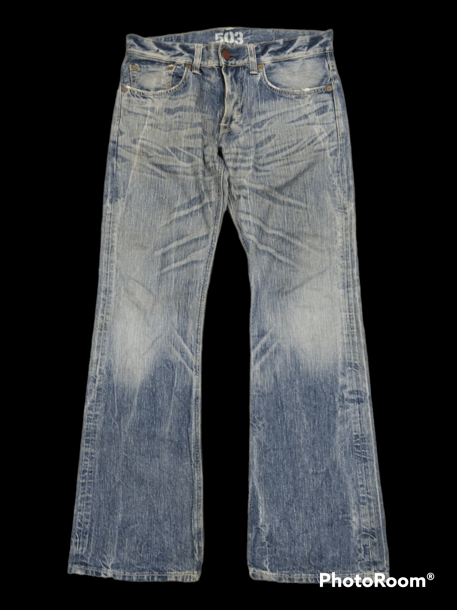 Image of Avant Garde x Distressed Denim Flare Sick Blue Tripdenim Pants in Blue Distressed, Men's (Size 33)