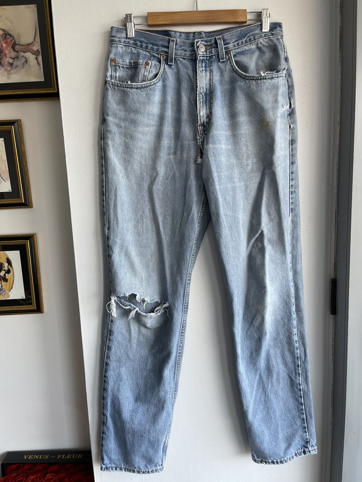 image of Levis x Vintage 90's Sky Blue Thrashed Rip Knee Denim Levi Jeans in Red, Men's (Size 32)