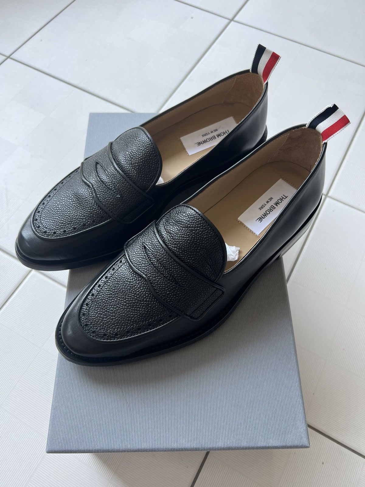 Thom Browne NEW 40 Calf Leather Grained Smooth Penny Loafers Black Size US 7 / EU 40 - 1 Thumbnail