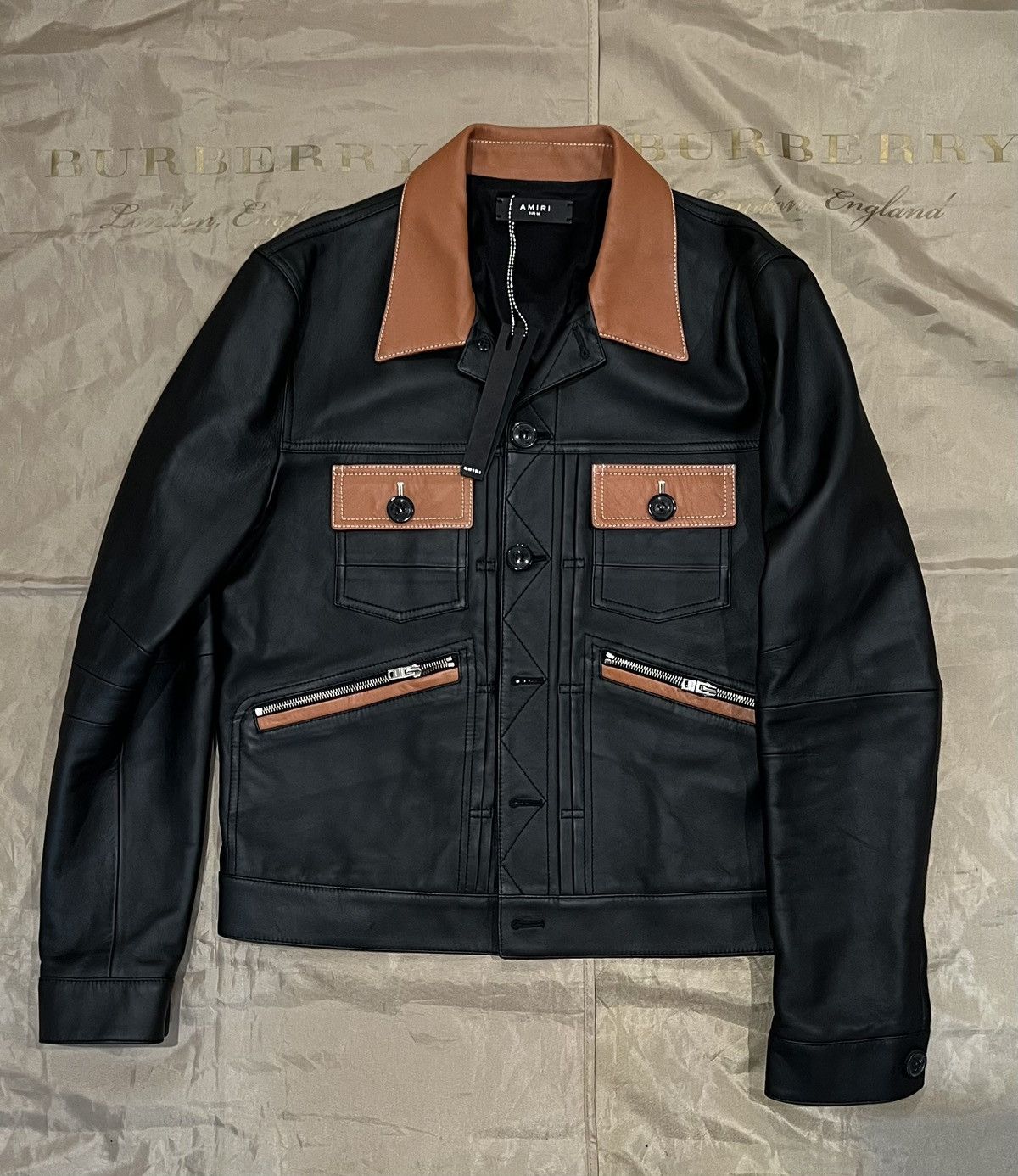 image of Amiri Men's Black Contrasted Leather Jacket Size 50 $4500