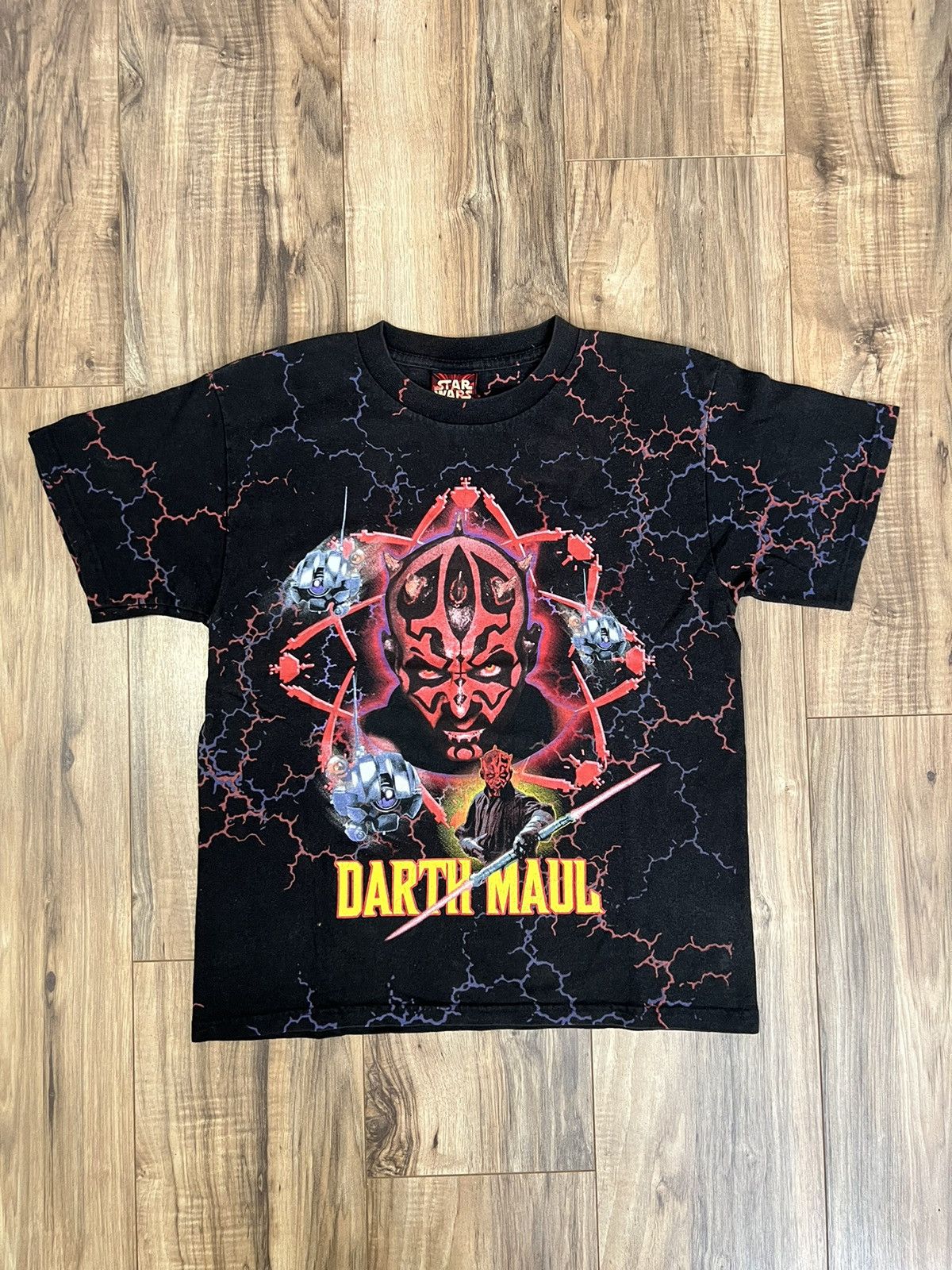 image of Star Wars x Vintage Darth Maul All Over Lightning Print Vintage Shirt in Black, Men's (Size Small)