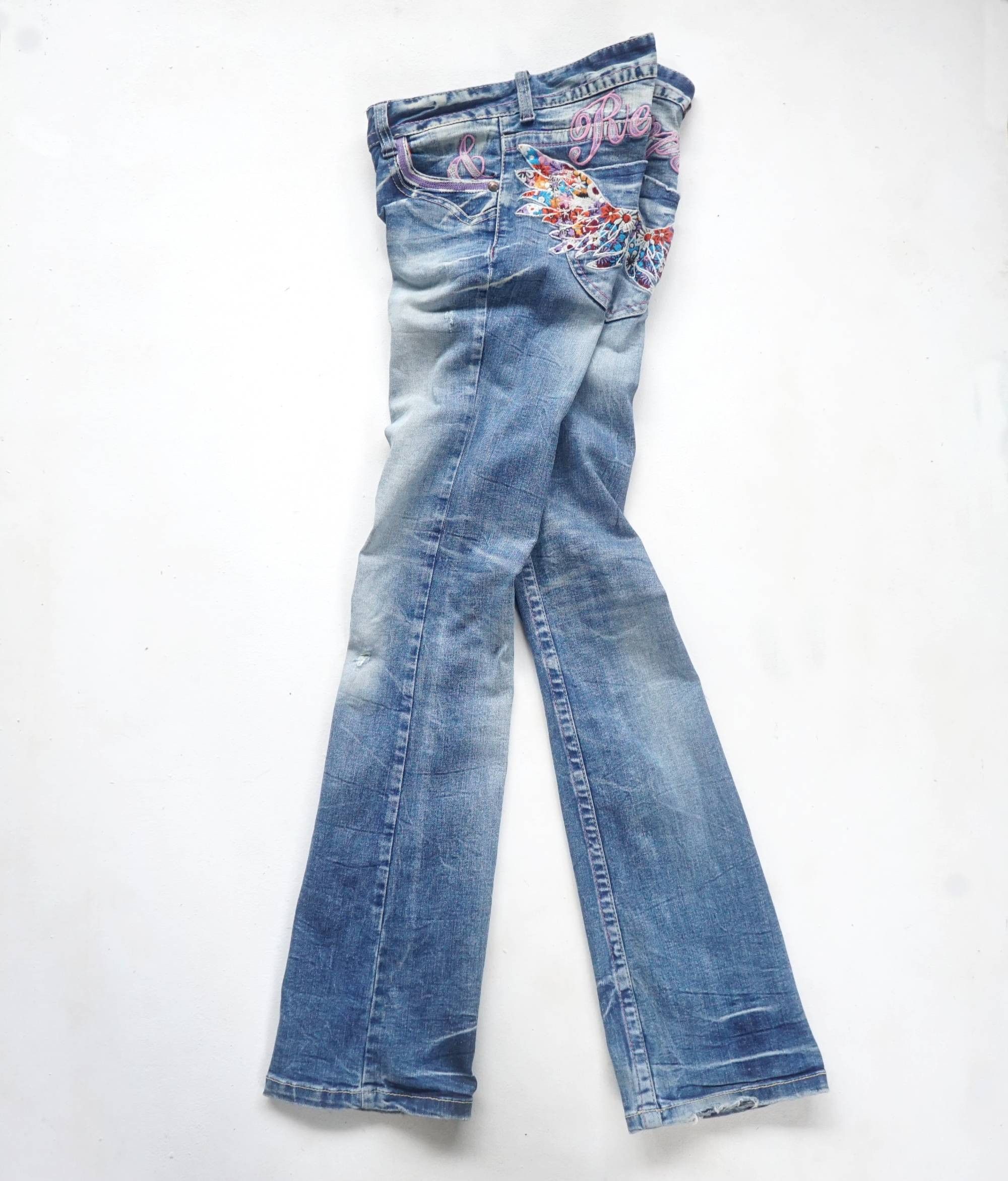 image of Red Pepper Stretchable Low Rise Embroidered Flare Jeans in Blue, Women's (Size 28)