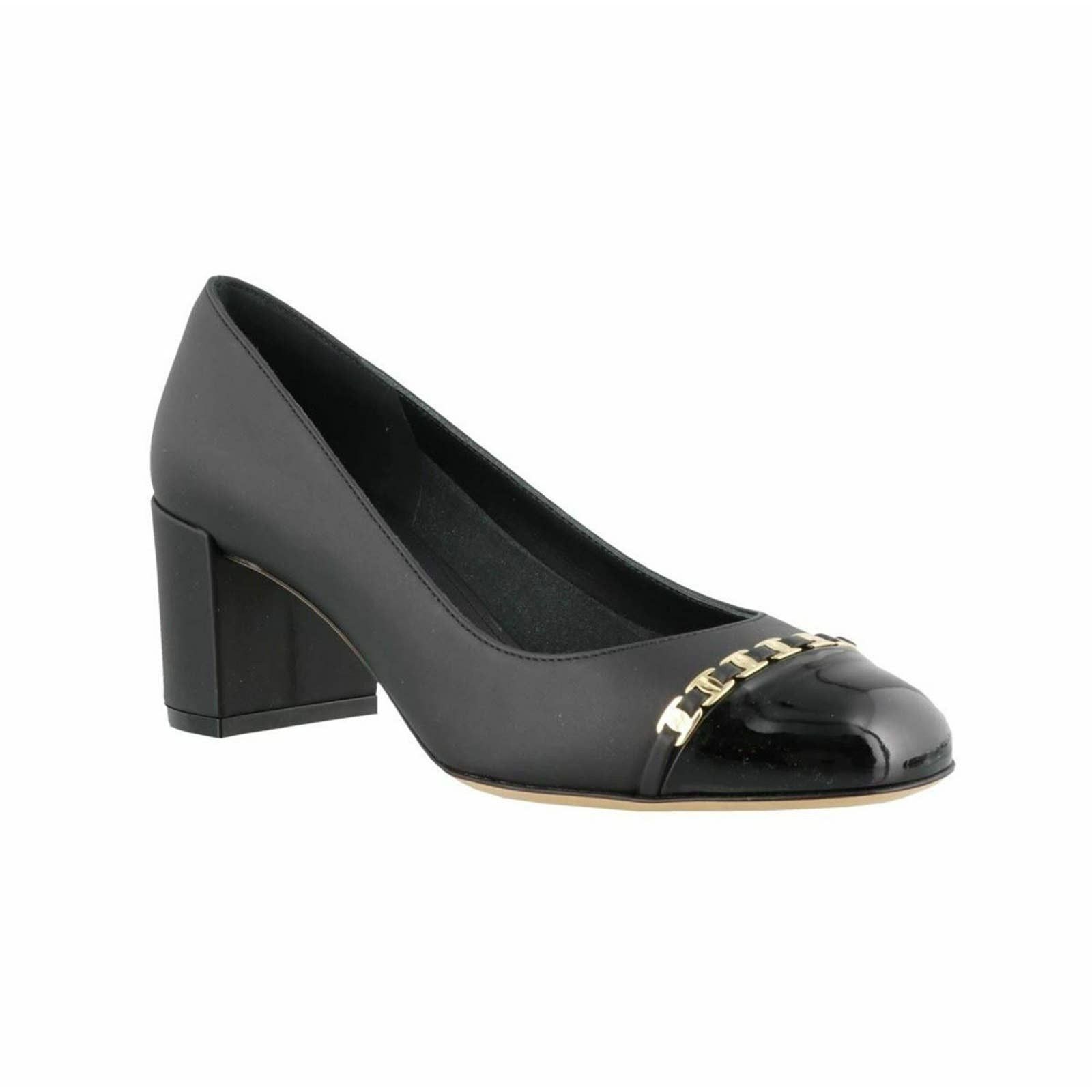 AVELLA BLACK LEATHER GOLD GANCINI CHAIN CAP TOE PUMPS 10 B