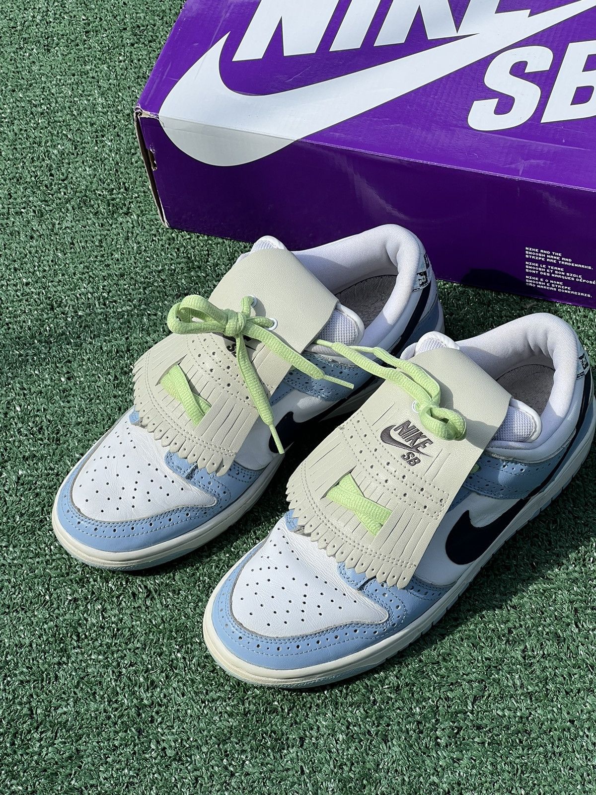 image of Nike Golf Pack Blue Sb Dunk Low Shoes in White/Midnight Navy/Blue Ice, Men's (Size 10)