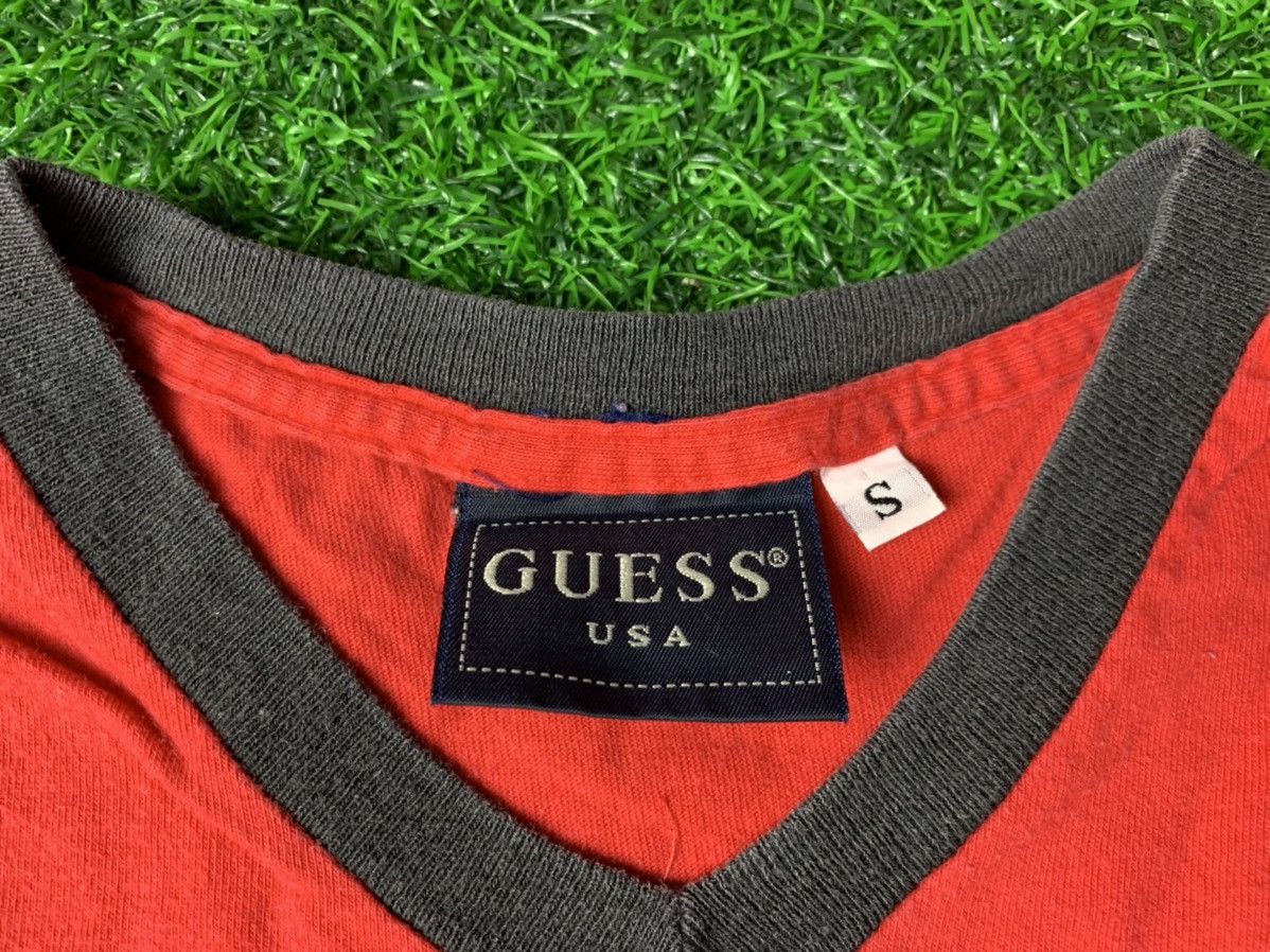 Guess Vintage 90s Guess USA V Neck Ringer Logo Tee Size US S / EU 44-46 / 1 - 2 Thumbnail