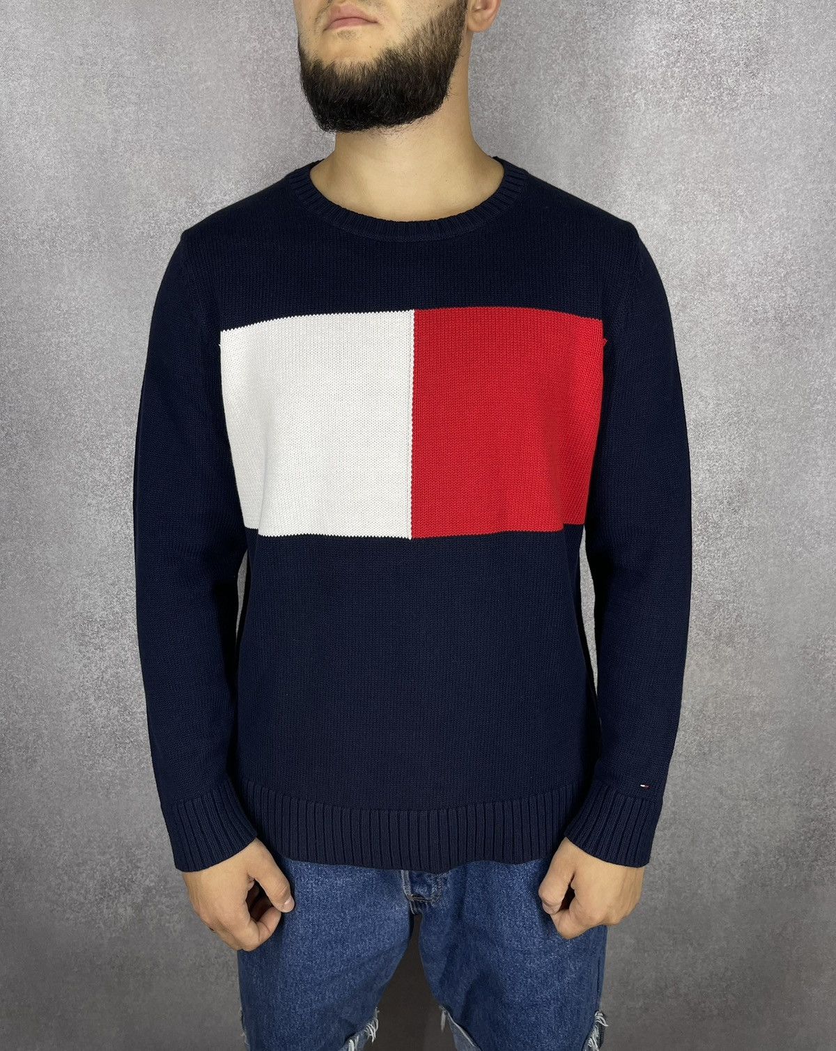 Mens Tommy Hilfiger Knitted Jumper Big Logo Sweater
